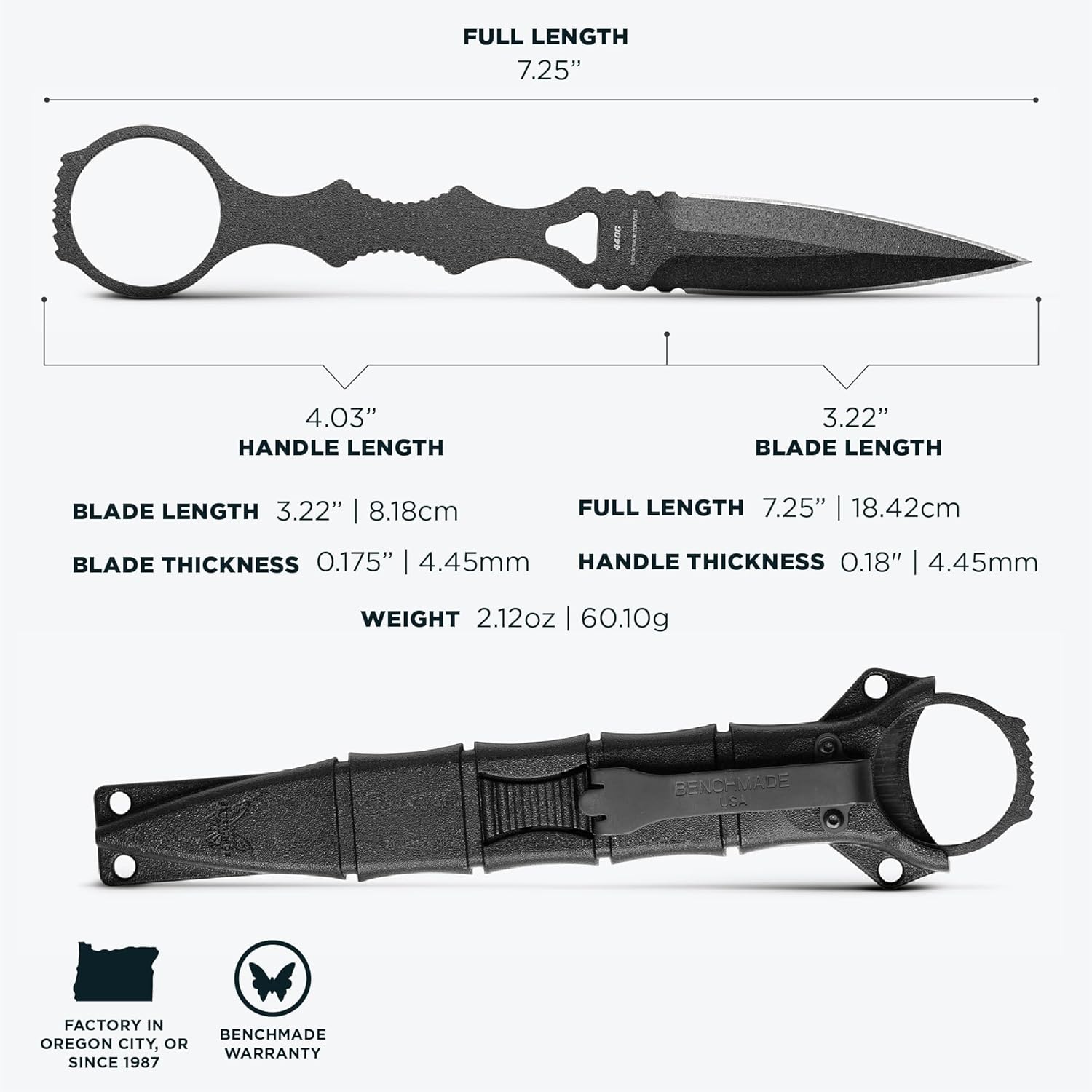 Benchmade - SOCP Knife, Double Edge Dagger Blade, Plain Edge, Black Handle