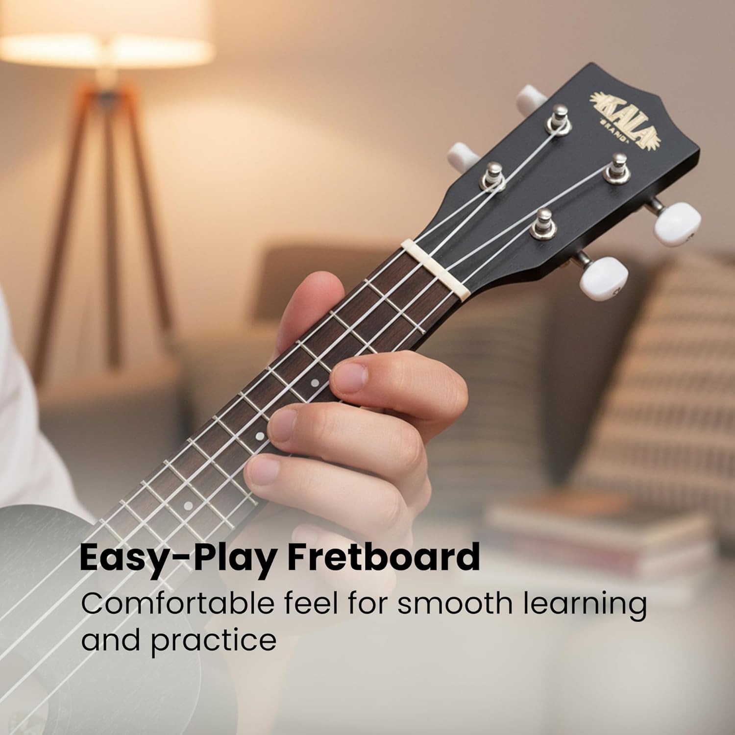 Kala KA-15S-BLK Satin Mahogany Soprano Ukulele - Black Bundle with Case, Tuner, Strap, Strings, Austin Bazaar Instructional DVD, and Polishing Cloth