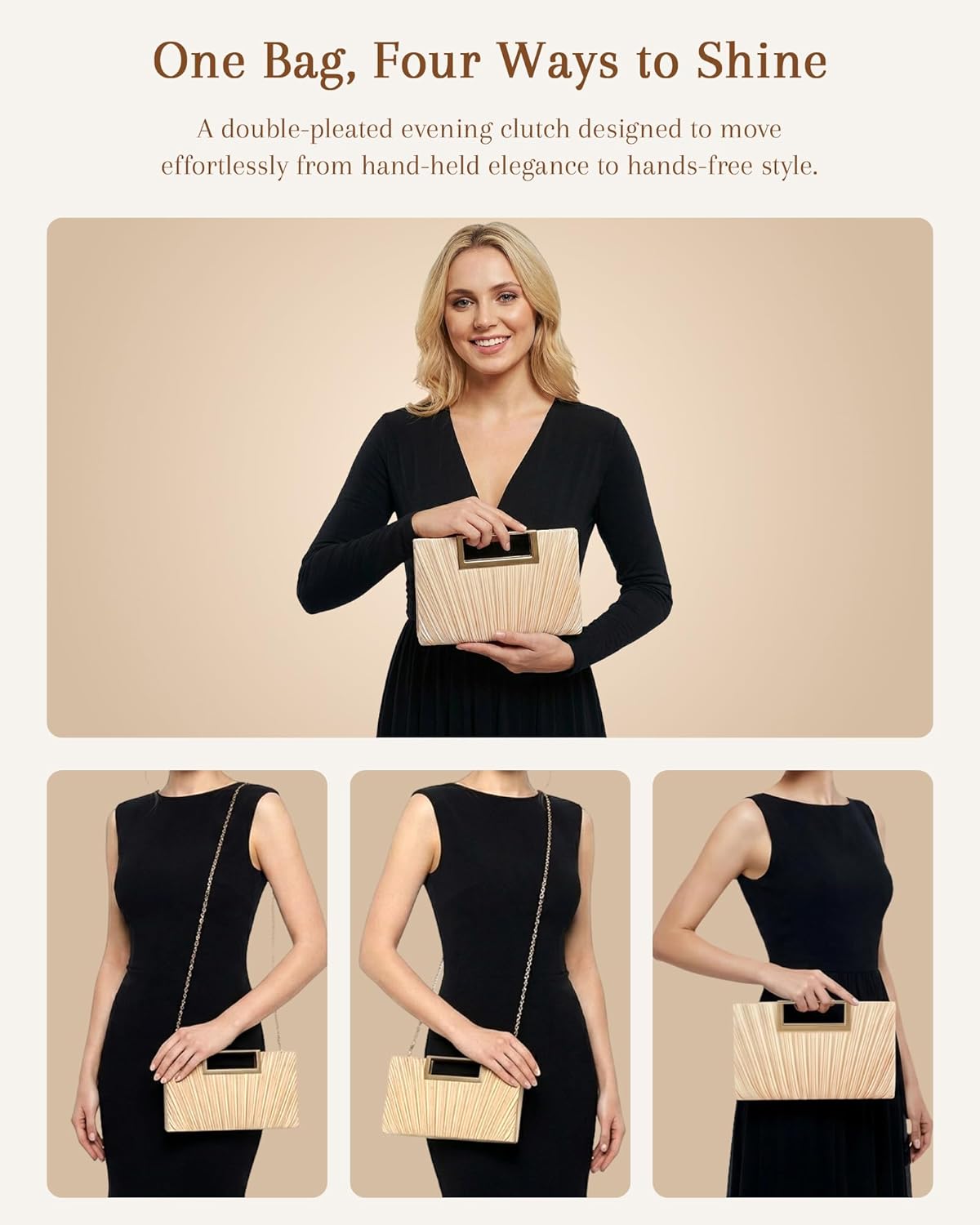 Gold Clutch Evening Bags for Women - Champagne Pleated Satin Purse, Formal Wedding Handbag with Scalloped Fan Clasp