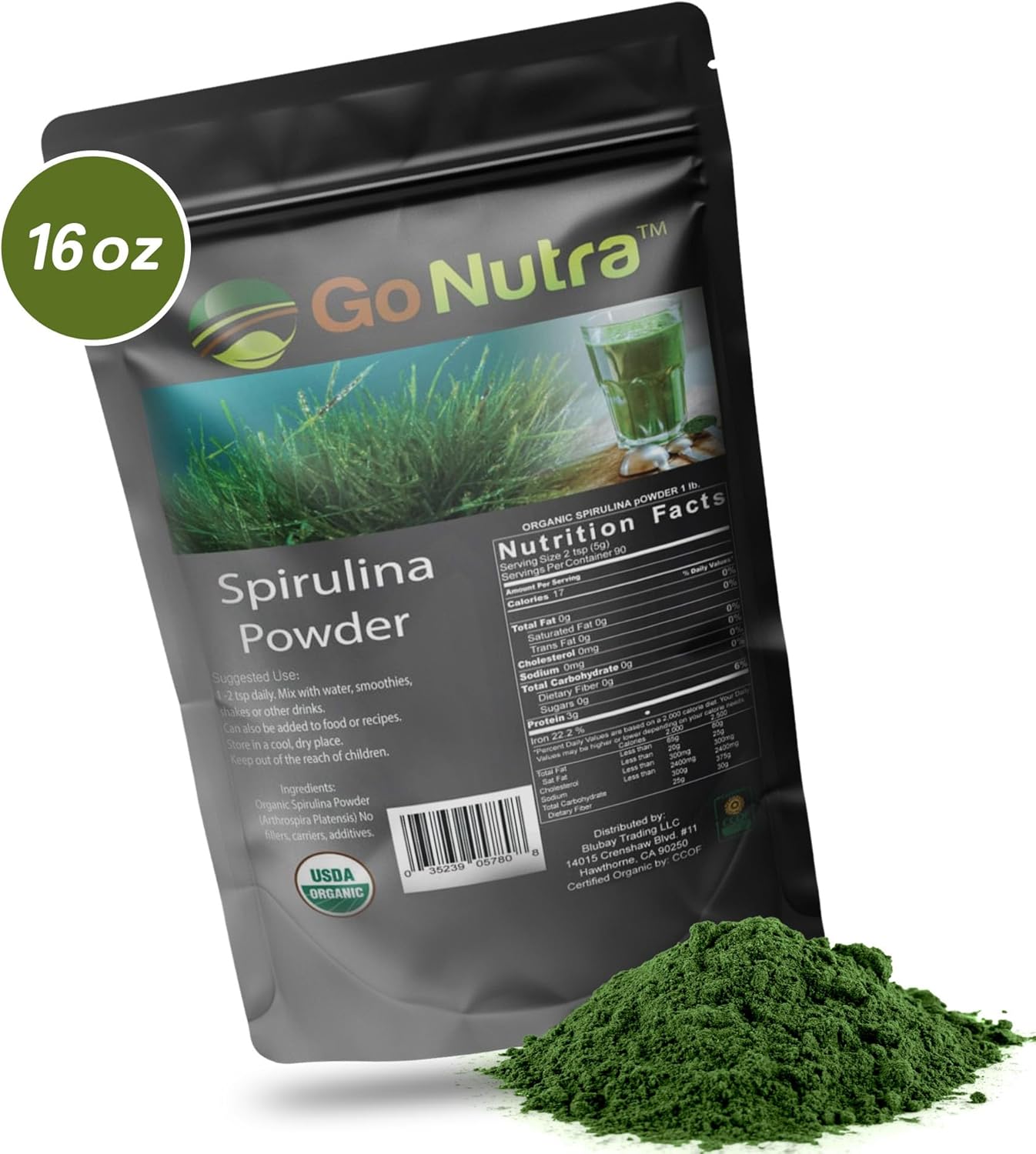Go Nutra Spirulina Powder Organic | Pure Non GMO Superfoods for Antioxidant, Minerals, Fatty Acids, Fiber & Protein | Vegan Friendly (1 lb. (16 oz.))