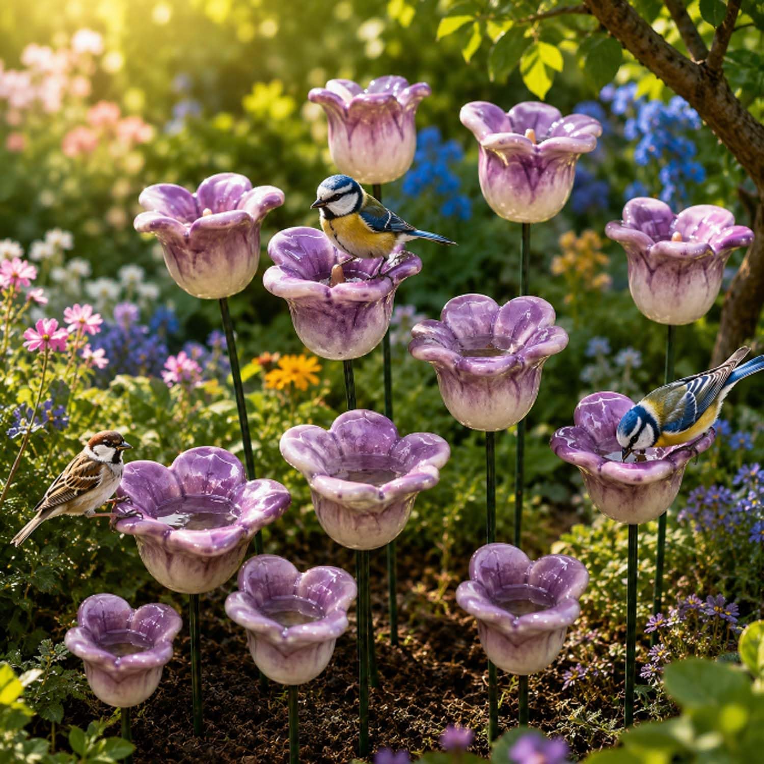 Handmade Ceramic Mini Pollinator Watering Station Colorful Flower Bee Water Feeder and Butterfly Bird Bath Small Outdoor Garden Stake Yard Art Decor Gift for Nature Lovers (12 pieces, purple)