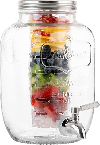 Miniatura 3 de Dispensador de bebidas de vidrio de 2 galones con infusores de hielo y frutas, espita de acero inoxidable y tapa de metal, dispensador de bebidas de