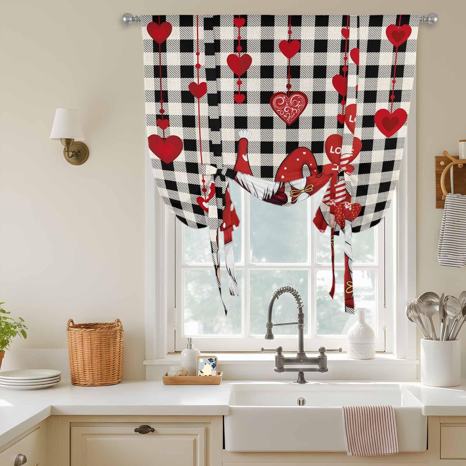 Valentine's Day Tie Up Curtains for Window, Red Gnomes Love Balloon Black White Plaid Thermal Balloon Shade Adjustable Rod Pocket Curtains Valance Panels for Kitchen Bathroom Café 46'' x 63''