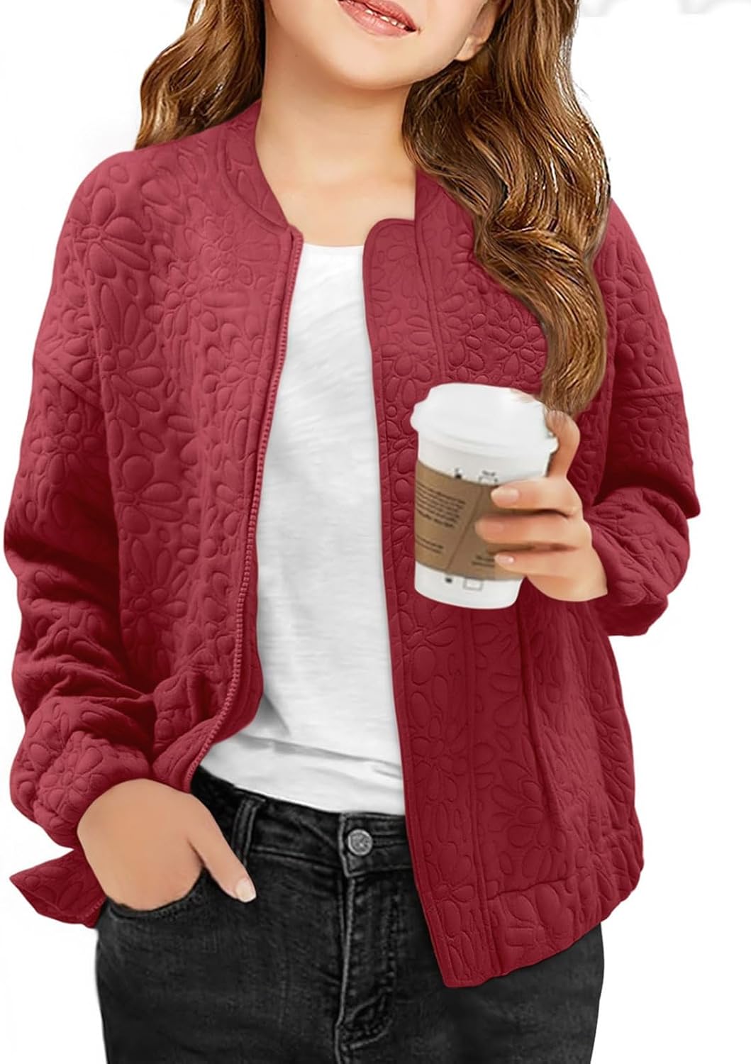 Haloumoning Girls Bomber Jacket Kids Cute Jacquard Zip Up Jackets Fashion Lightweight Outerwear with Pockets