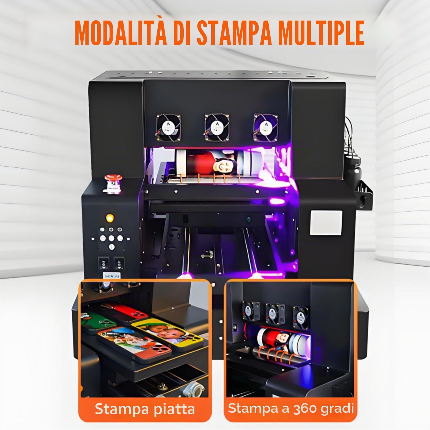 Stampante UV Flatbed Multifunzione A3 Automatica Modello L805 Risoluzione 1440x1440dpi Area Stampa 32x50cm con Albero Rotante per Stampa Cover Telefono Bottiglie e Oggetti Vari