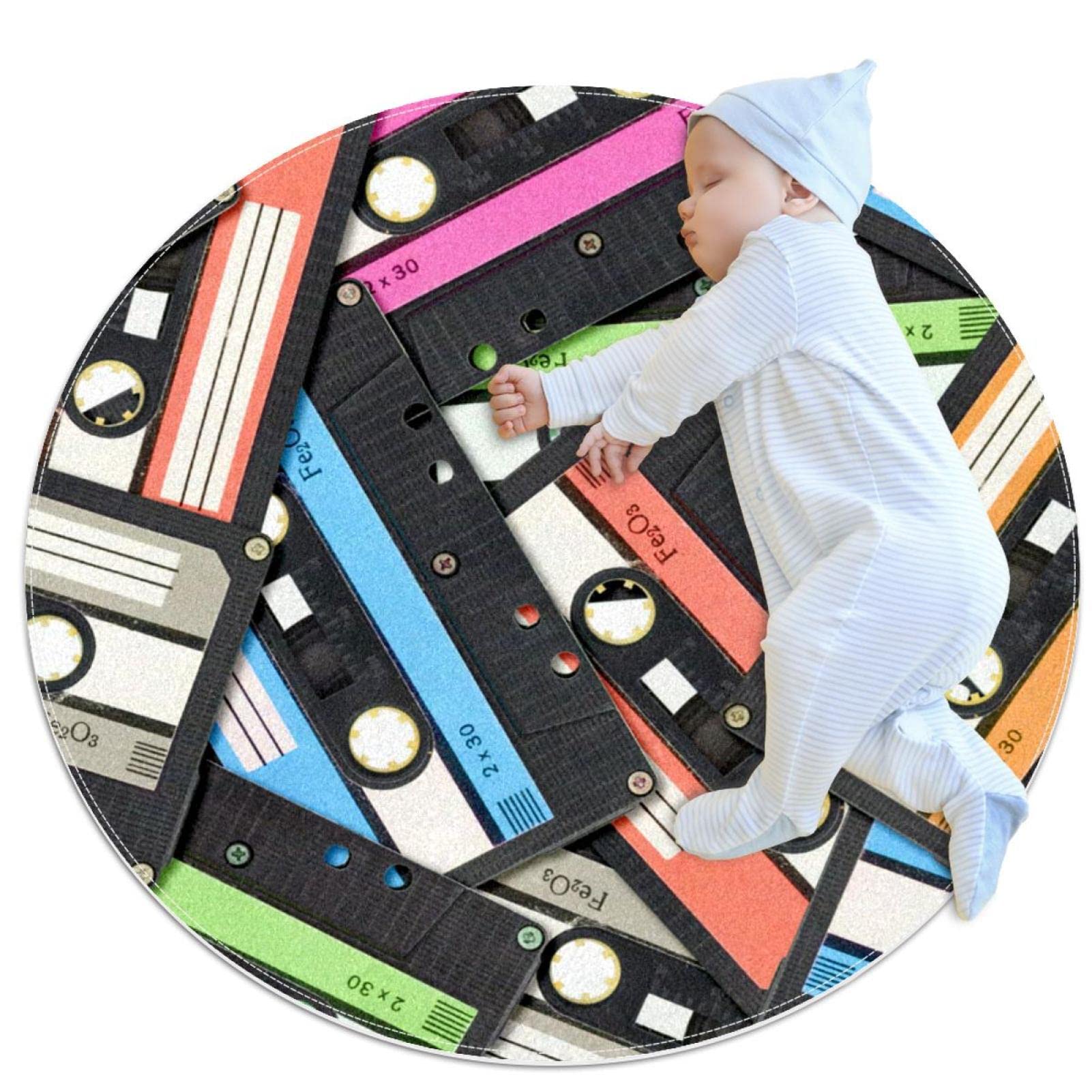 Tapis de jeu pour enfants JDEZ antidérapant et lavable motif cassette rétro 80x80cm
