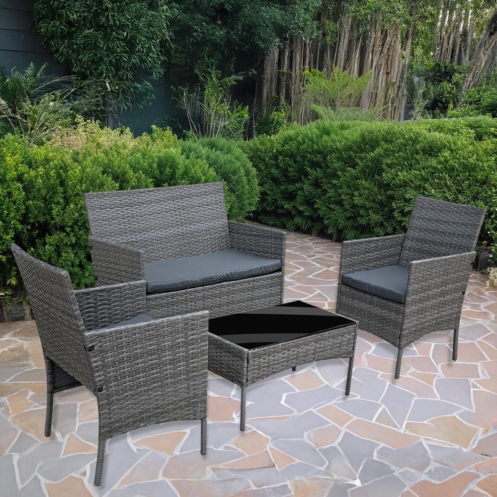 4 Seater Garden Patio Furniture Set Rattan Garden Furniture with sponge padded water resistant cushions and Tempered Glass Table good for Garden, Backyard (Mixed Grey+Dark Grey Cushions-FIRE)