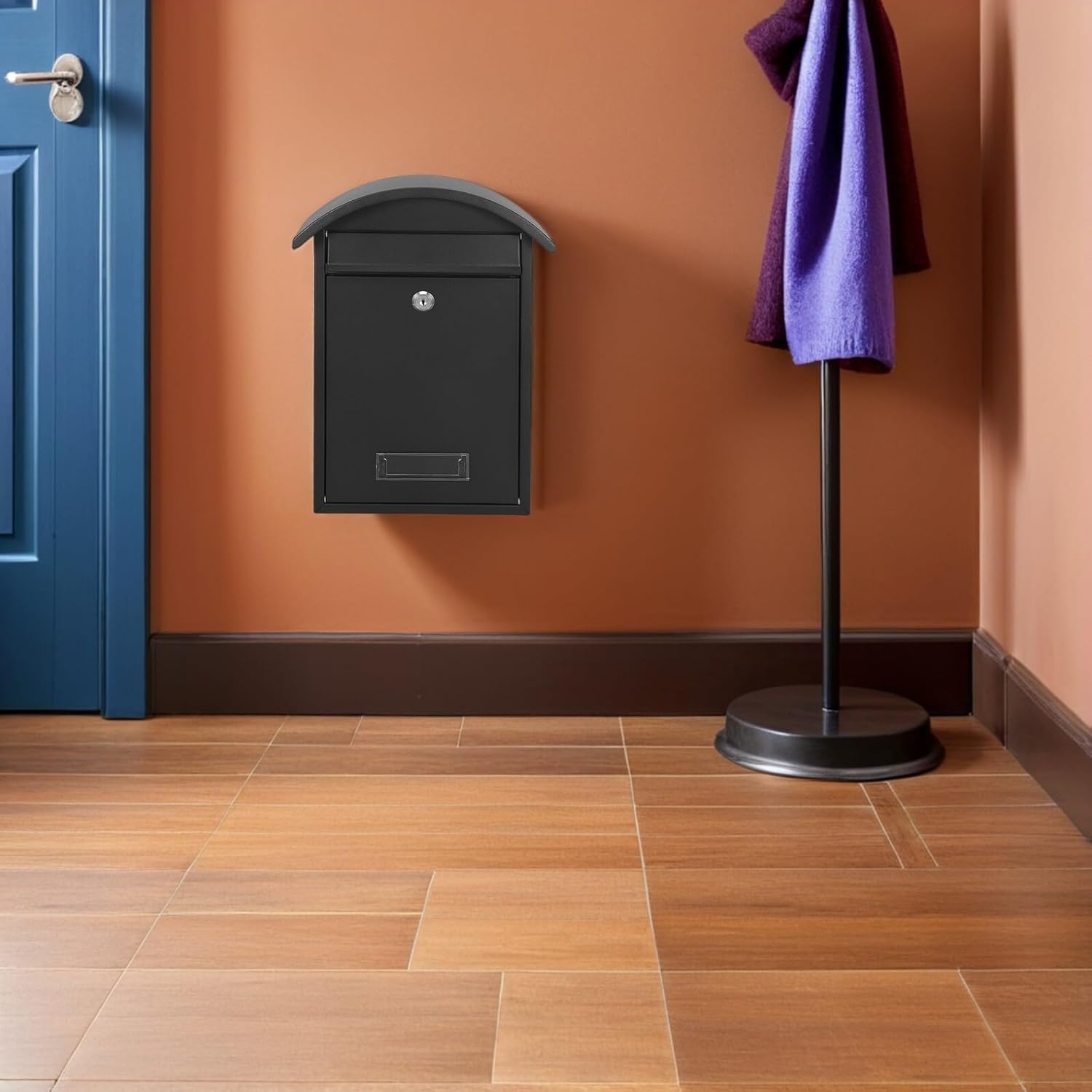 Lockable Wall Mount Mailbox, Black Security Mail Box with Keyed Lock, Weatherproof Metal Mail Organizer for Home and Office, 14" X 10" X 4"