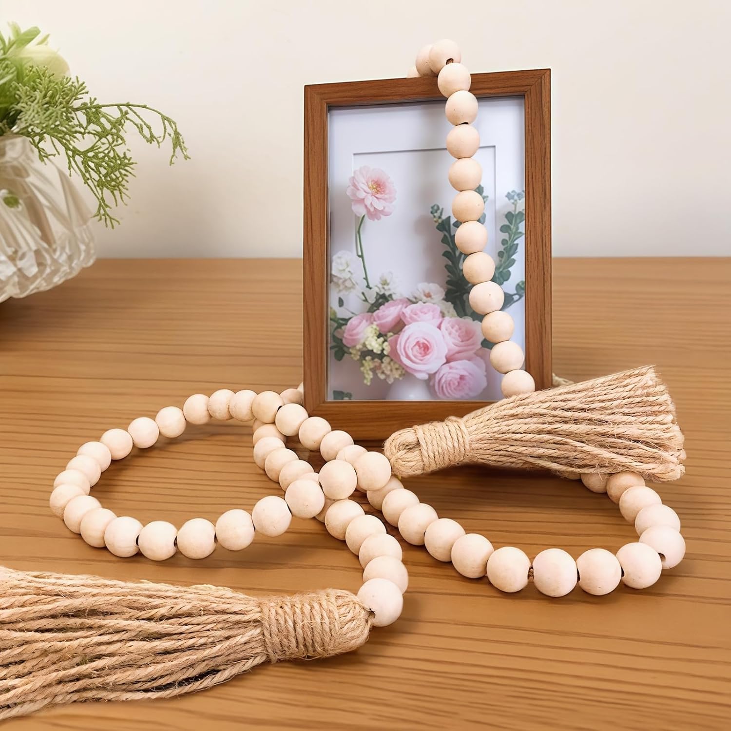 Set of 6 Wooden Bead Tassel Garlands, Natural Rustic Home Decor for Walls, Doors & Kitchen Spaces