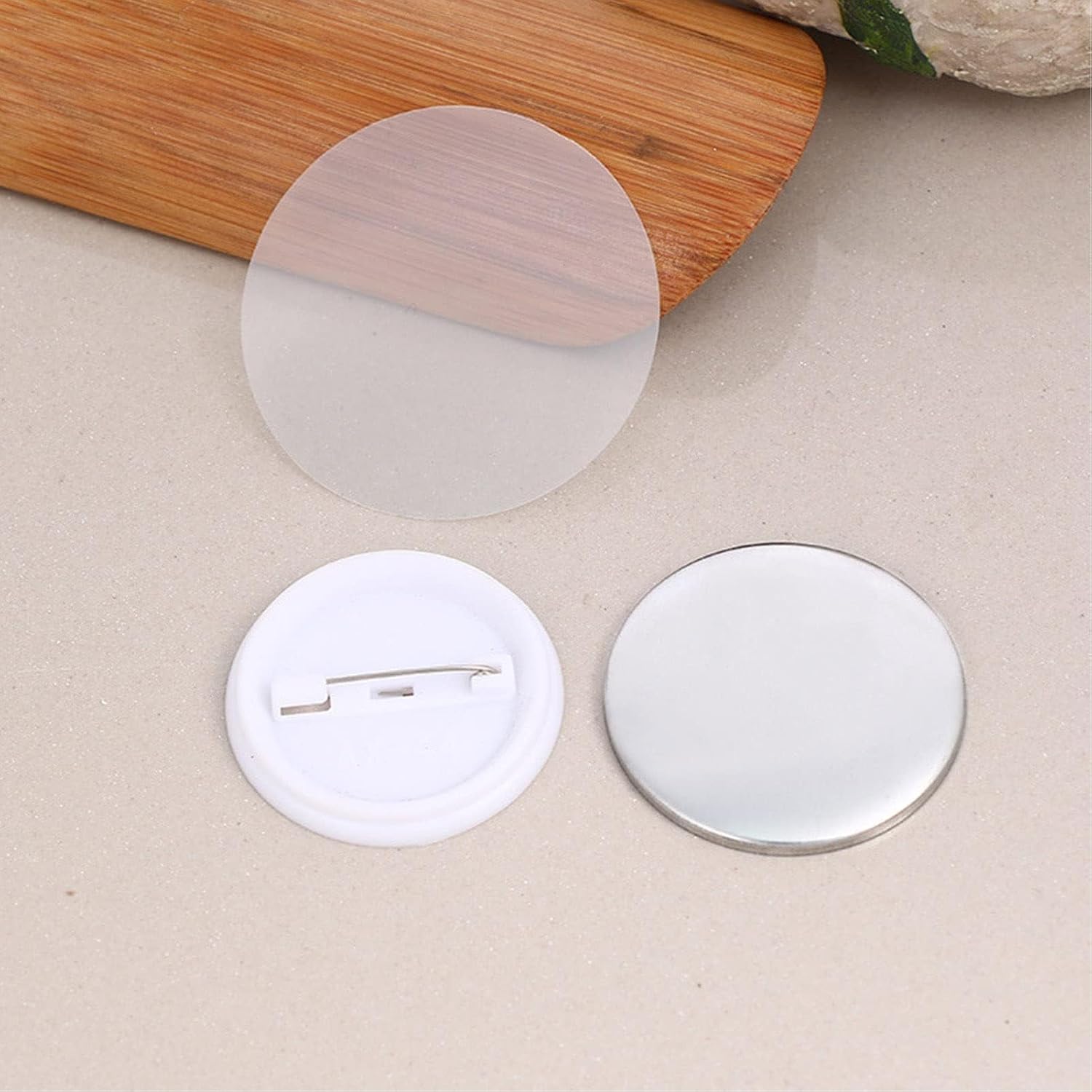 Tnfeeon 100 PCS Circle Mylars, Button Parts Metal with Clip Pin Top & Bottom Plastic Cover Film Button Maker Parts (58MM)