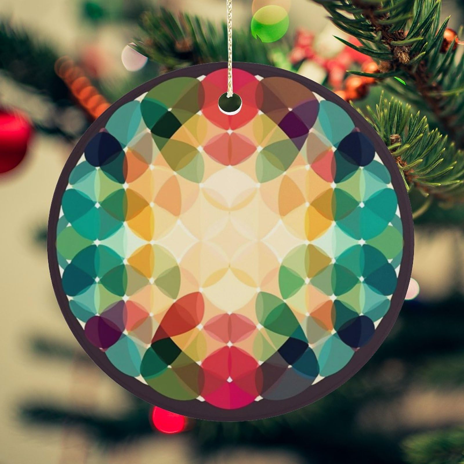 Geometric Circle Christmas Ornament for Christmas Tree Ceramic Round Ornament Winter Holiday Keepsake Gift 2.7" Christmas Tree Hanging Decorations Circle Ceramic Pendant Xmas Gift