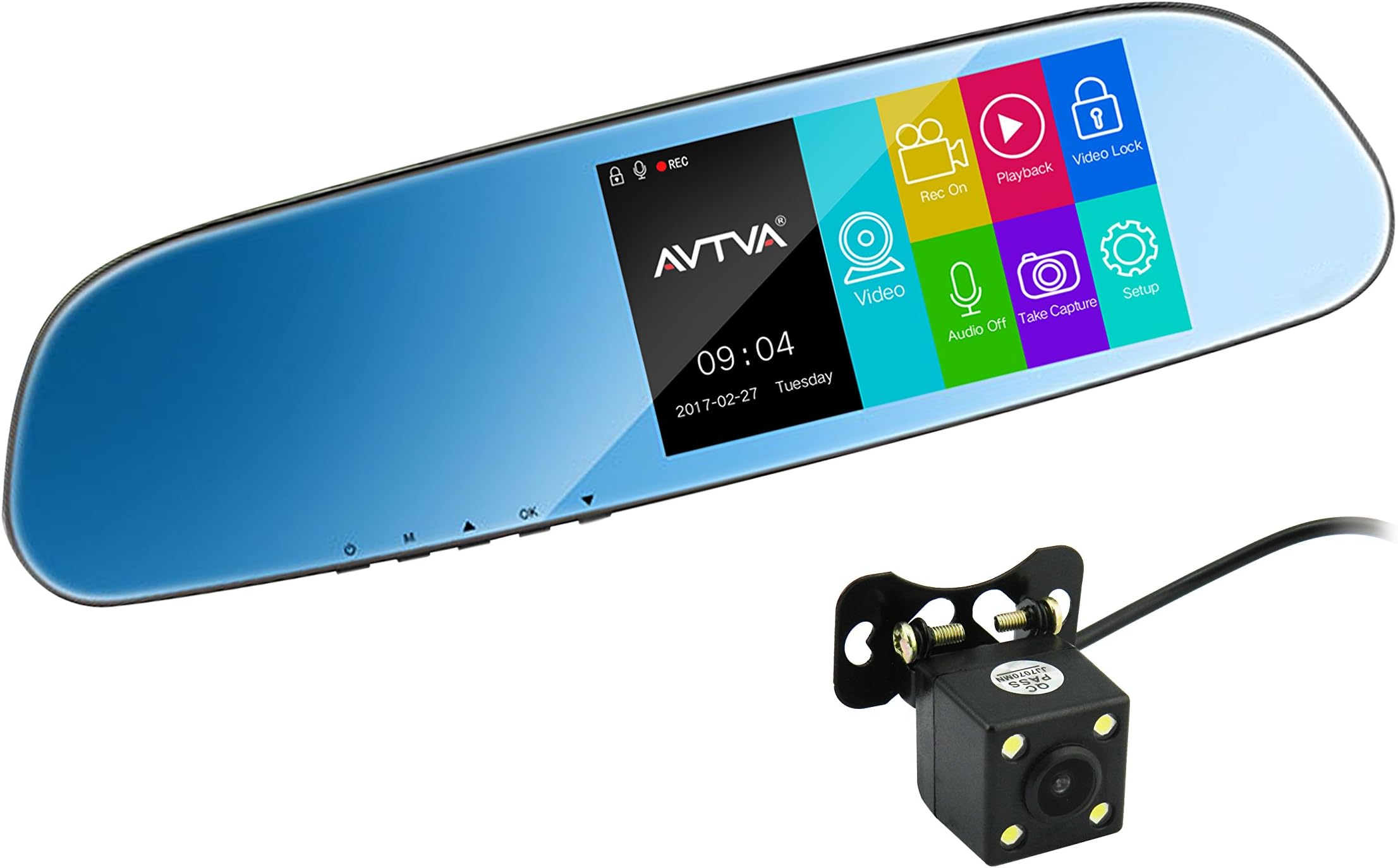 AVTVA AMK5-USA 5 inch IPS Touch Panel Rear View Mirror Dash Cam Mirror with Front Camera and Backup Camera 1080P Front and Rear IP 67 Waterproof Rear View Camera Universal mounting with 16G Micro SD