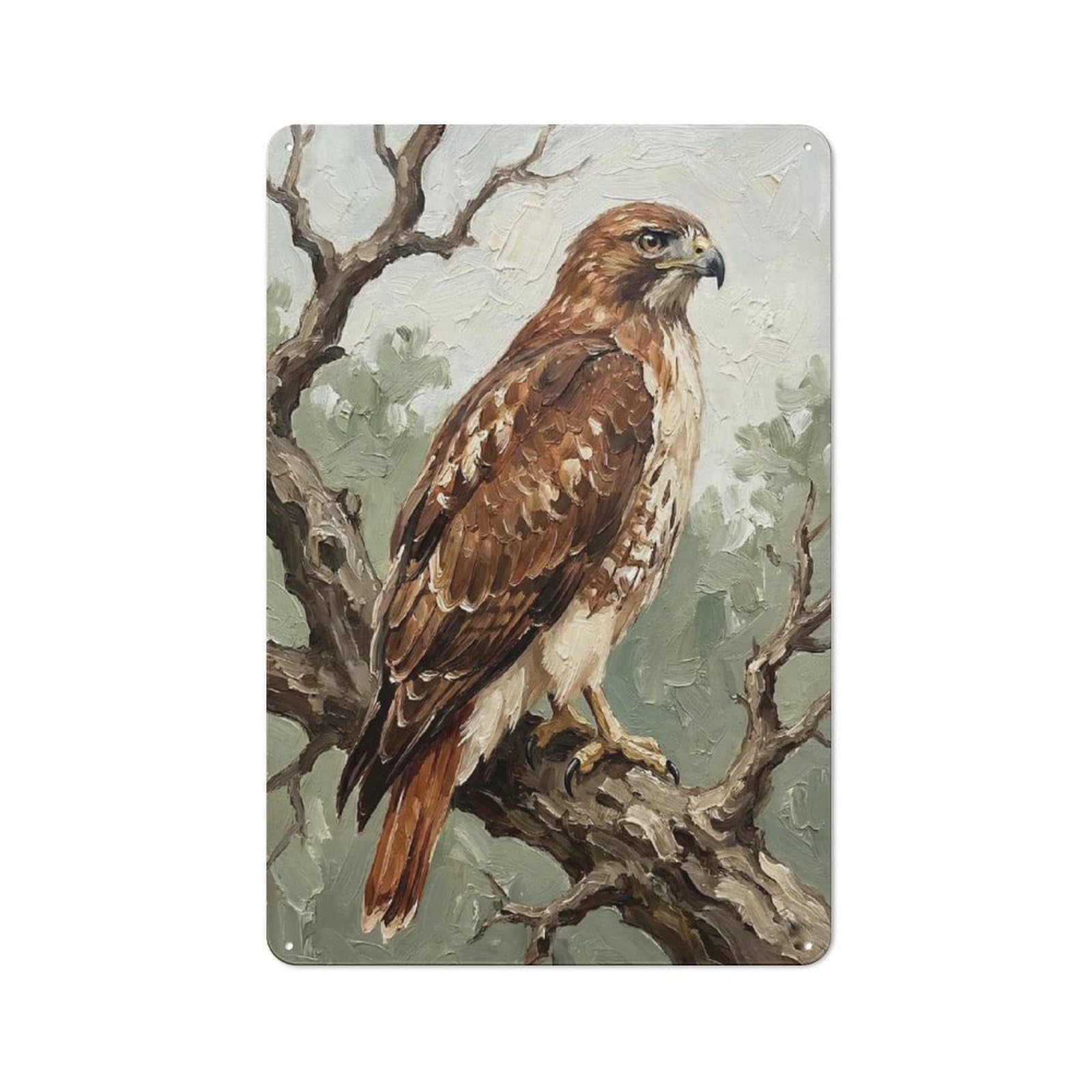 Junmoney Style-16 Rustic Painting Of A Red-Tailed Hawk On A Branch Tin Wall Plaque 30X20cm, Rustic Kitchen Decor For Cottage, Kitchen, Hallway Or Breakfast Nook