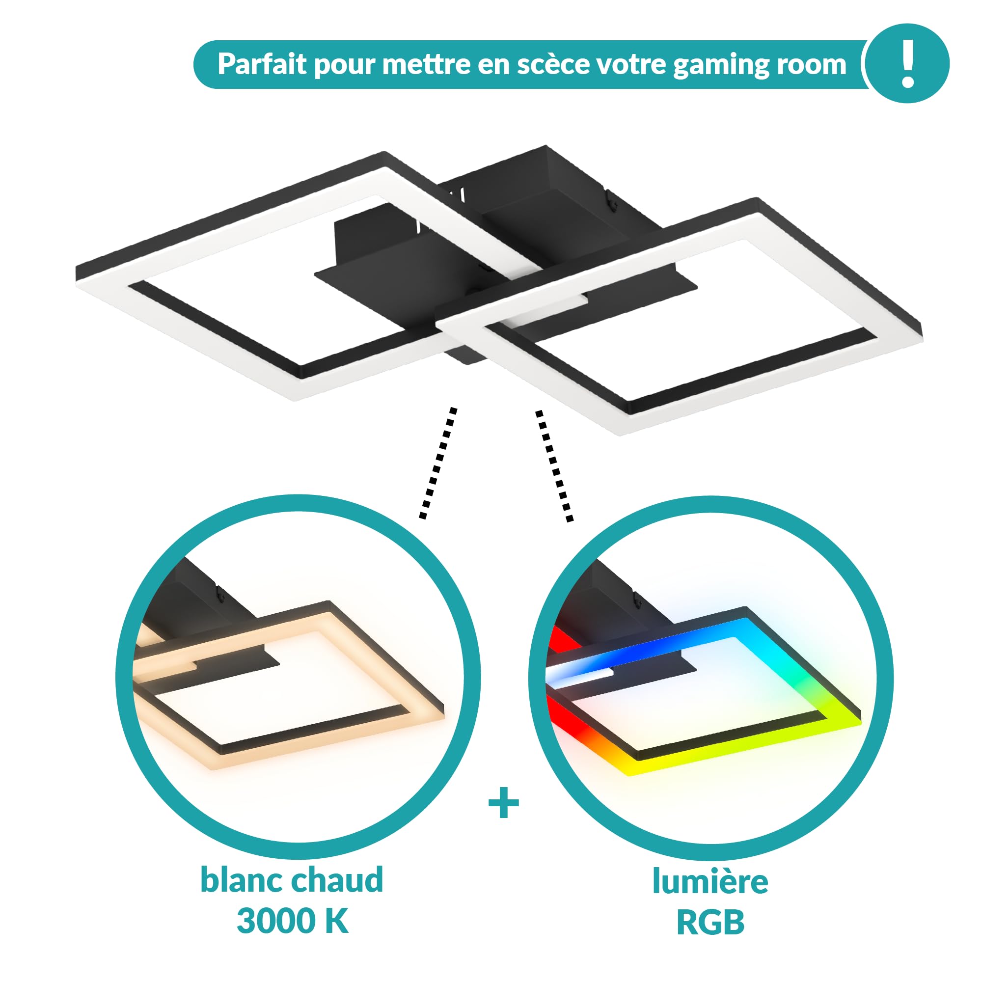 Eglo Luminaire plafonnier LED RGBIC, lampe de plafond géométrique avec | effets lumière, déco bureau gaming et fête, spot multicolore avec télécommande, blanc chaud et RGB, métal noir