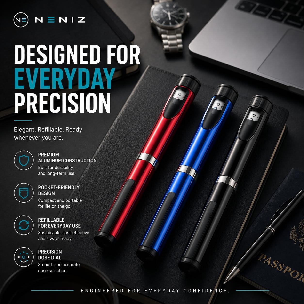 Reusable Research Pen Injector with Precise 1-60 Unit Adjustable Dose, Fits Standard 3ml Pen Cartridges - BLUE V3 NENIZ