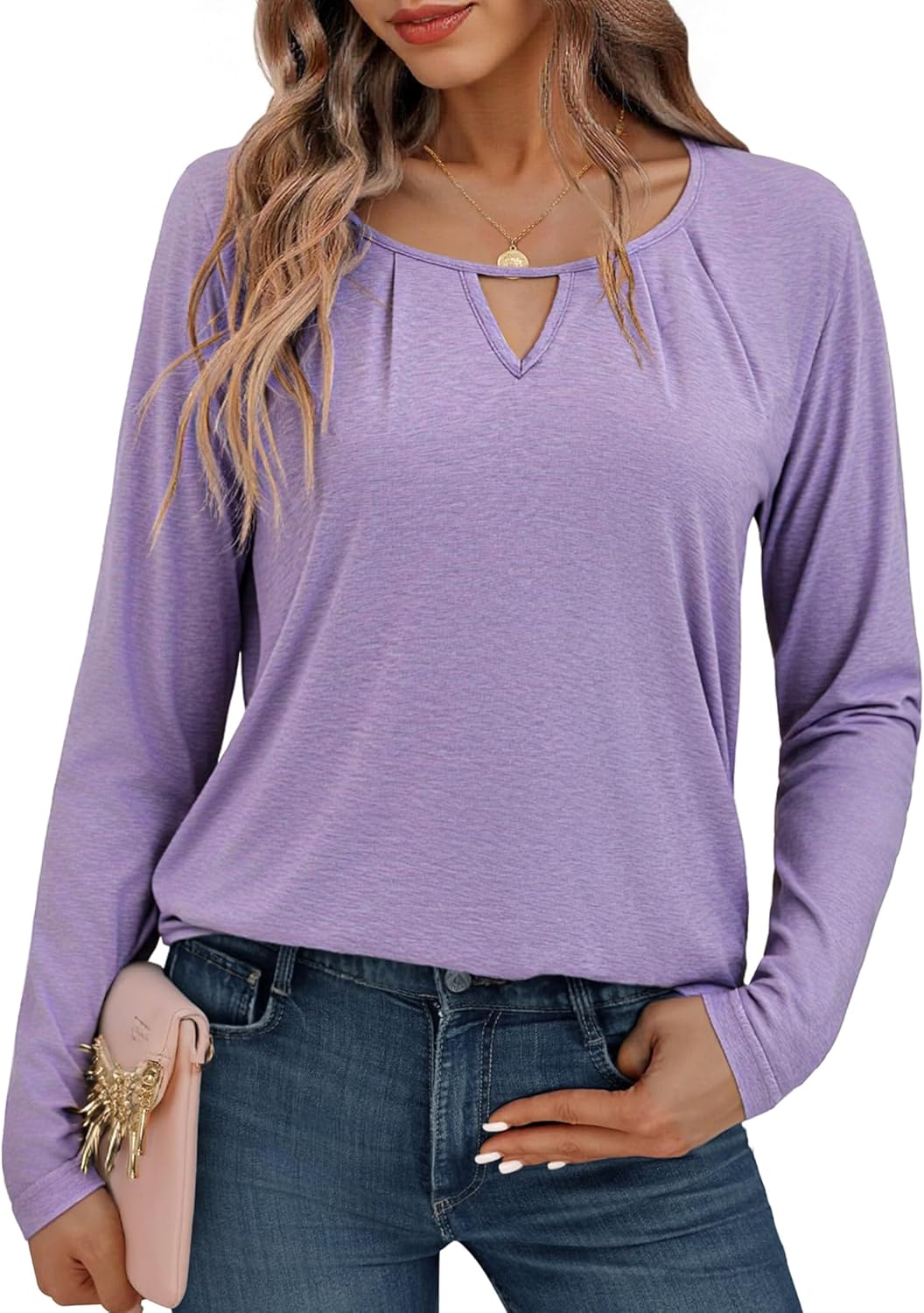Gyabnw Tuniek met lange mouwen voor dames, tops met pofmouwen, geplooide blouse voor dames, casual comfortabele shirts met ronde hals, Wind Rood, S