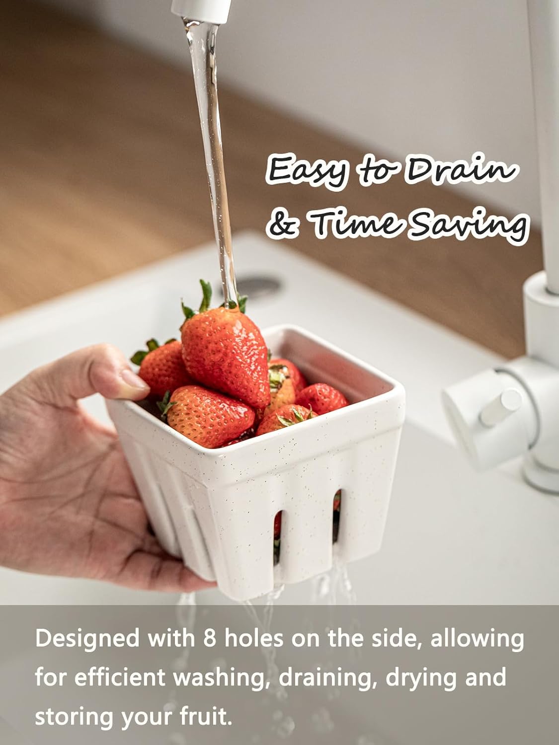 Gomakren Ceramic Berry Basket Set of 2, Square Fruit Bowls with Holes, Rustic Fruit Basket Containers for Kitchen Fridge, Berries, Strawberry, Grape, Cherry - Cream White