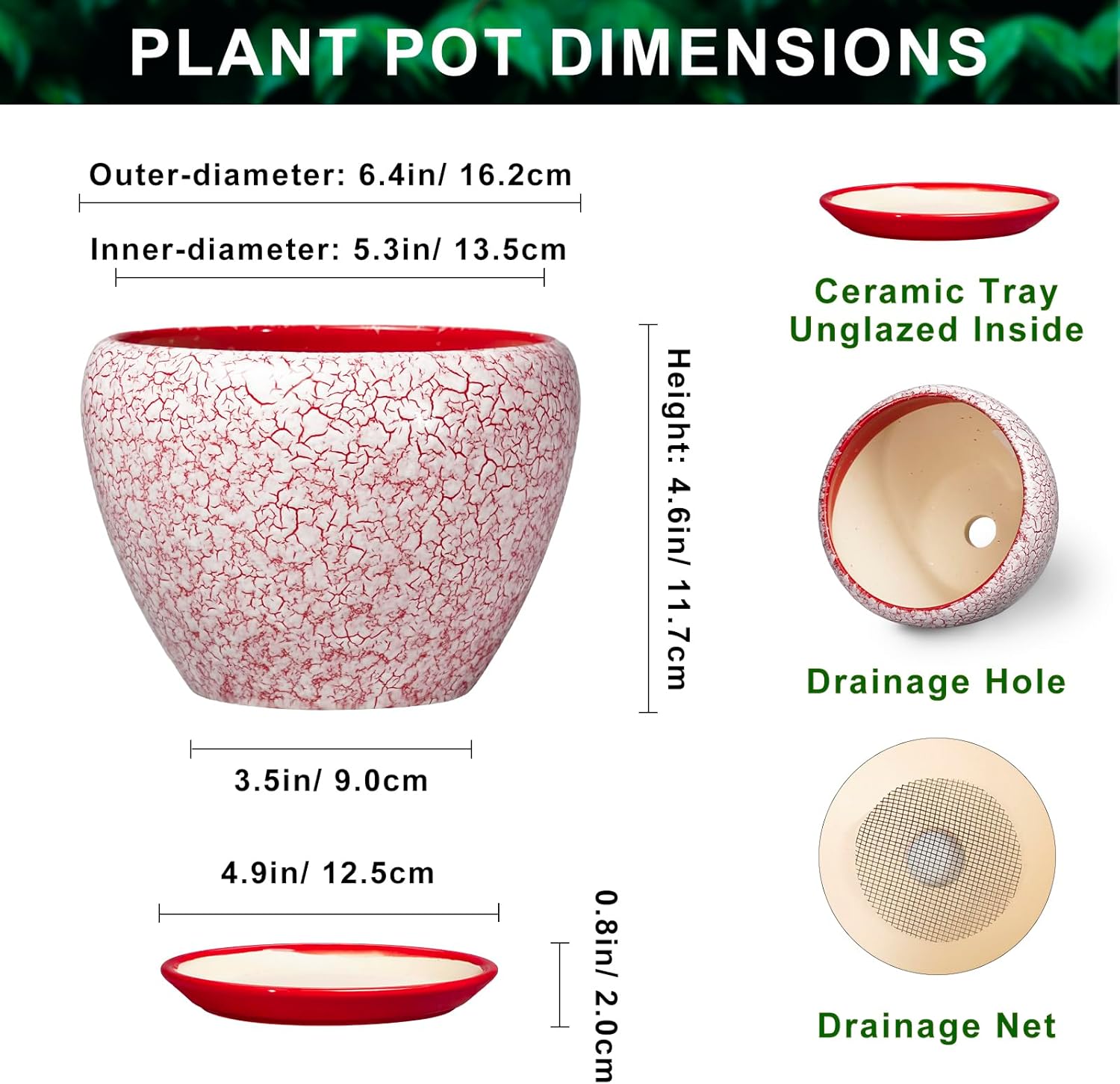 Ceramic Plant Pots - 6 Inch Pots for Plants Indoor Outdoor, Modern Planter with Drainage Hole and Tray, Round Decorative Flower Pot, Home Office Decor, House Warming Gifts, Crackle Red