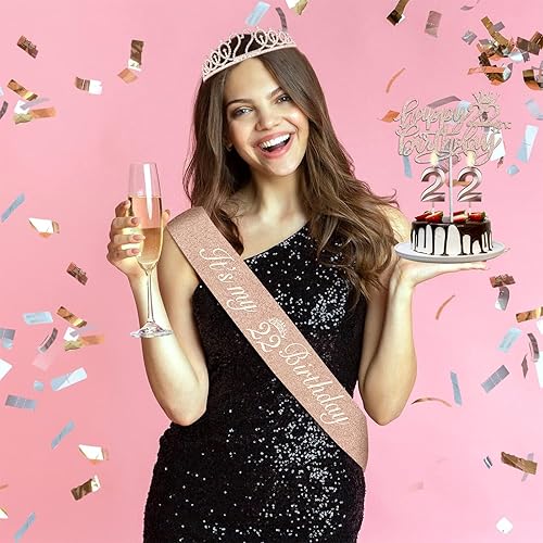 Miniatura 2 de Decoraciones de cumpleaños número 22 para mujeres, incluyendo banda y tiara, decoración de pastel y velas, regalos de cumpleaños 22 para mujeres,