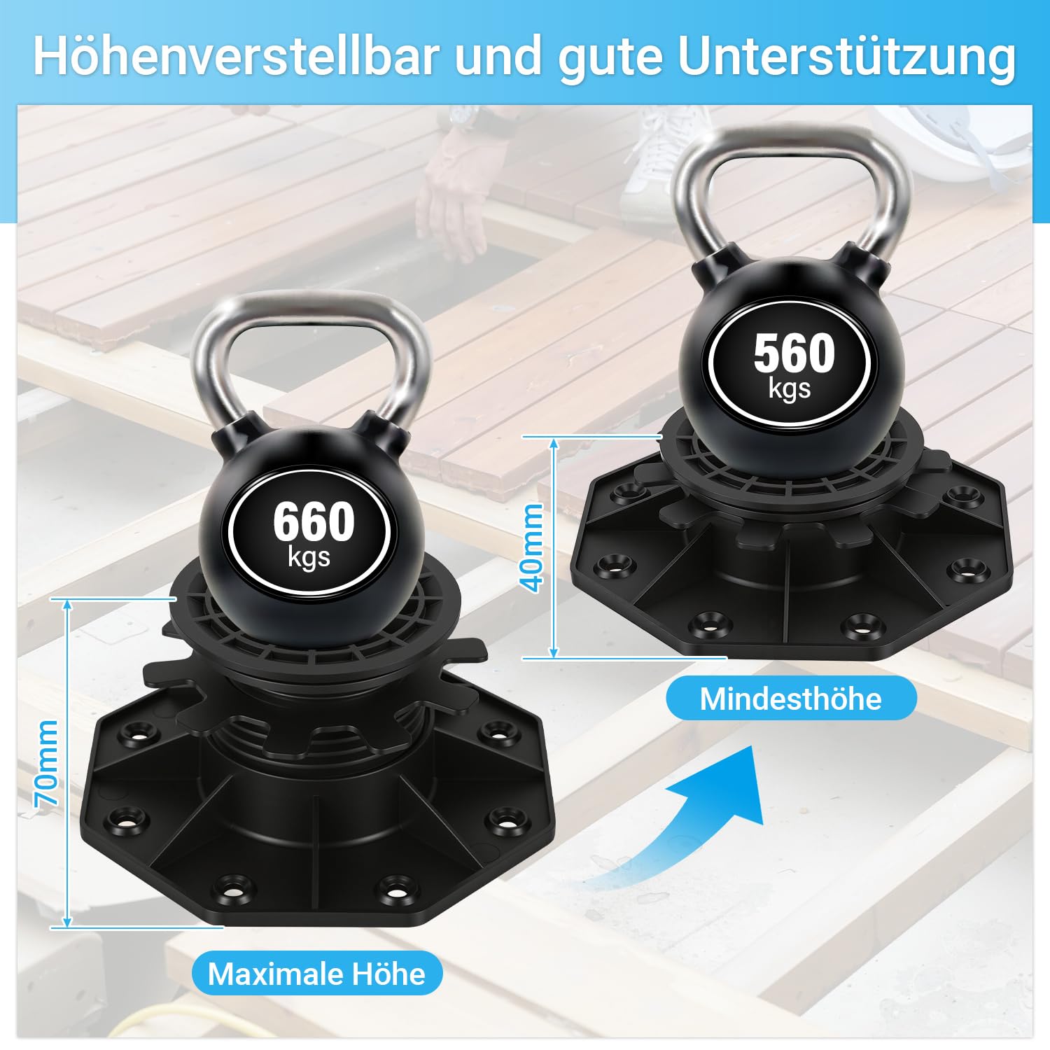 100x Stelzlager Höhenverstellbar 40-70mm Terrassenlager | Polypropylen, Gefälleausgleich 5°, Stelzlager für Terrassenplatten, WPC, Holz, Tragfähigkeit Stark, Plattenlager