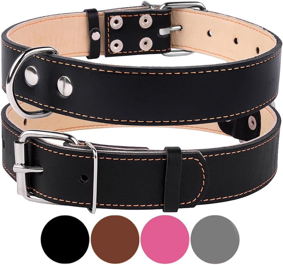 CollarDirect Genuine Leather Dog Collar Soft Pet Collar for Dogs Puppy Small Medium Large Pink Gray Black Brown (Neck Fit 16"-18", Black)