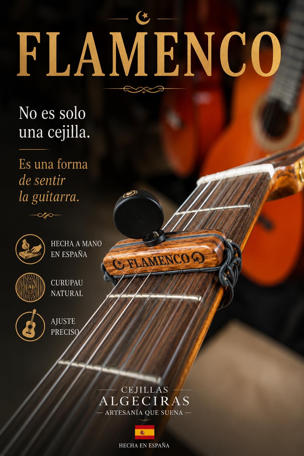 Cejilla Artesanal Flamenco para Guitarra Flamenca y Clásica | Curupau Natural | Hecha a Mano en España | Ajuste Preciso | Cejillas Algeciras