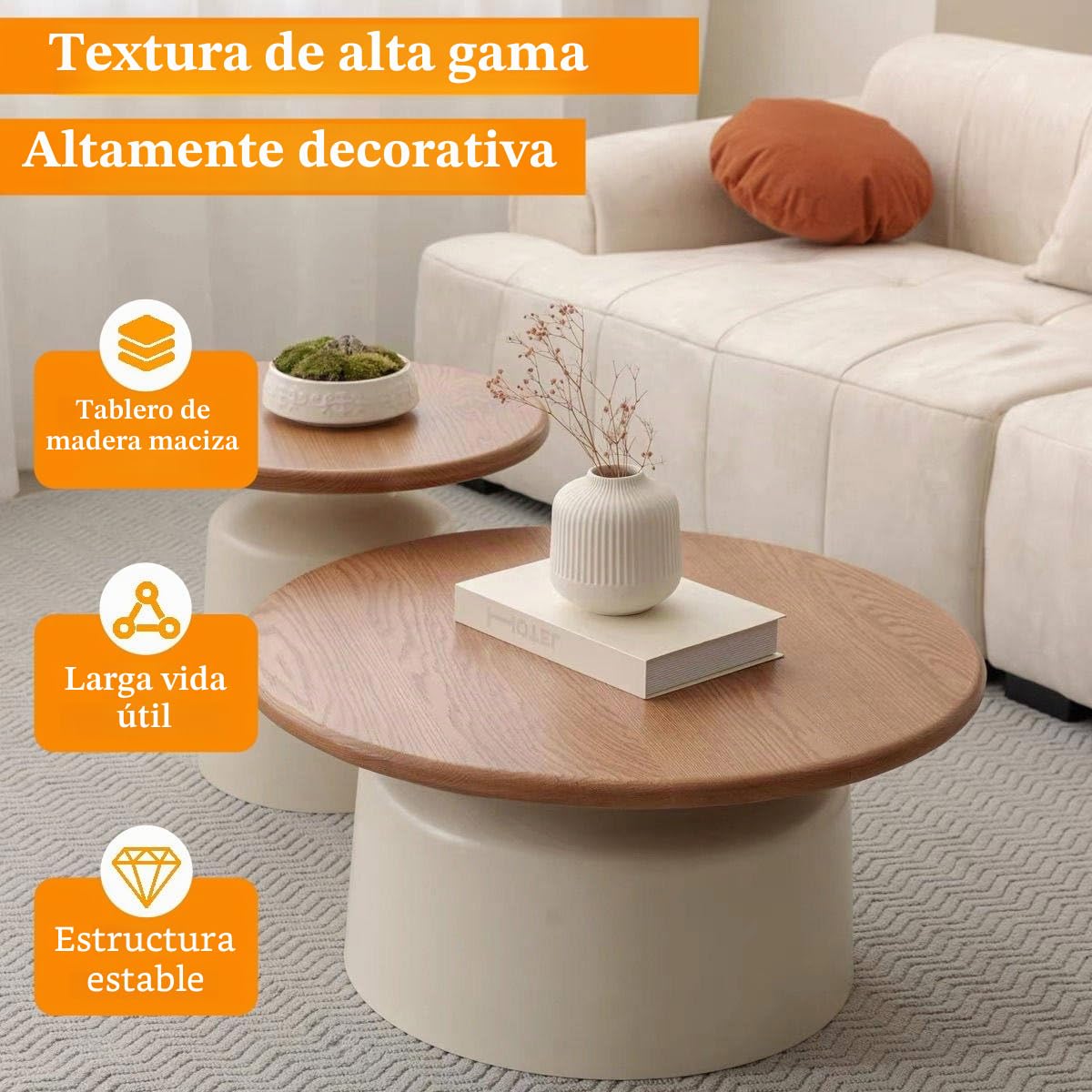 Moderna Redonda Mesa De Centro, Mesa Nido Juego De 2, Mesita Auxiliar con Tablero de Madera Maciza, Mesas Centro para Salón Dormitorio Oficina, Fácil De Montar