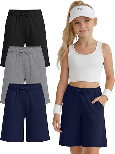 YooAurvox 3 Pack Girls' Bermuda Shorts Elastic Waistband Athletic Long Shorts Ki