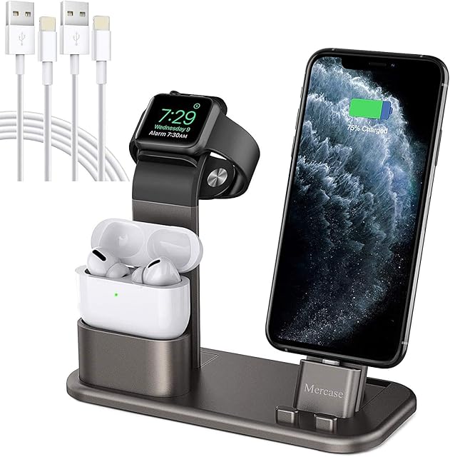 Mercase 3 in 1 Charing Station, Aluminum Charger Dock Desktop Tablet Holder for Apple iWatch Series 1/2/3/4/5/6/SE iPhone 11/11 Pro/Pro MAX, Space Grey (with 2 USB Cables)