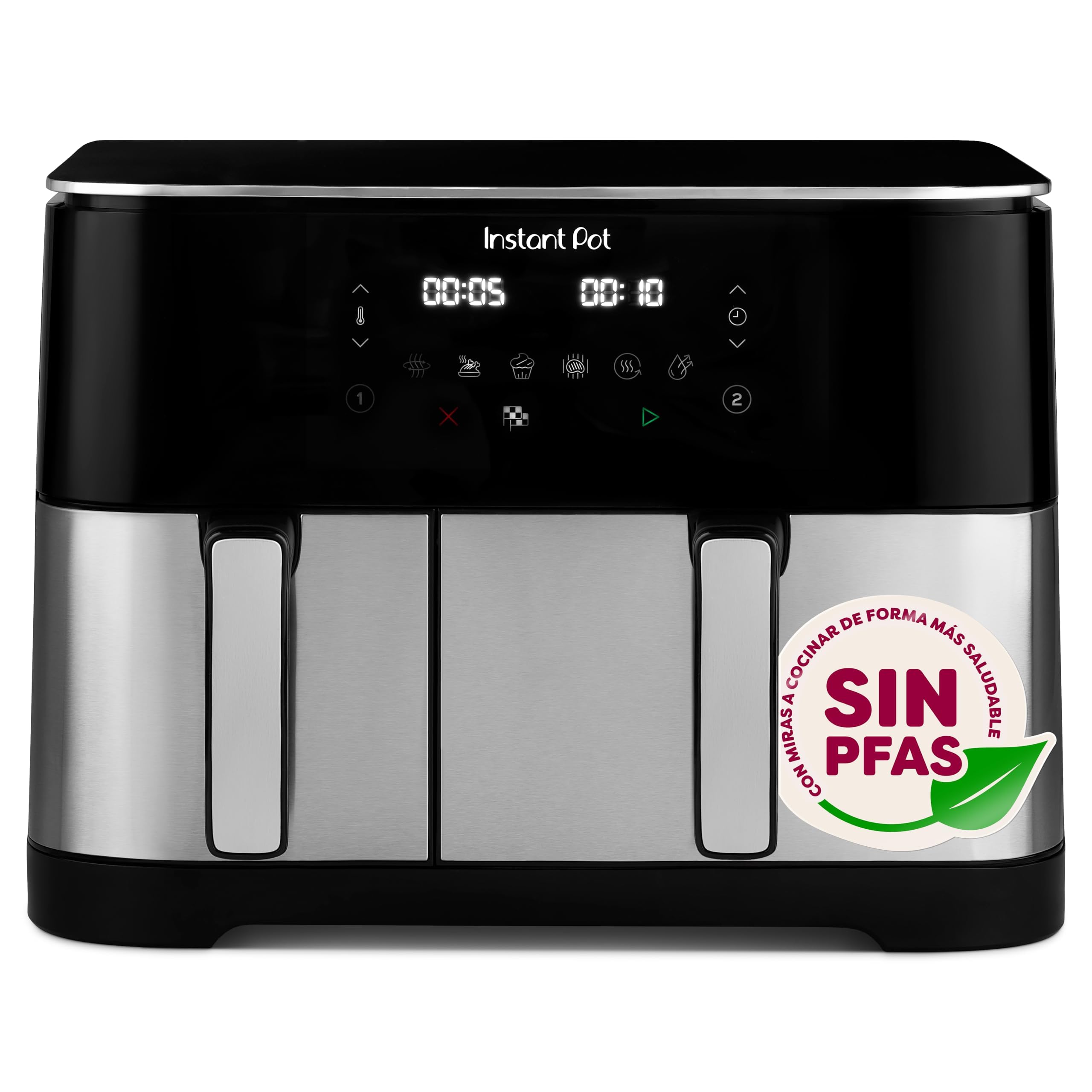 Instant Pot Vortex Dual Freidora de aire caliente 11L sin PFAS, grande, dos cestas, 7L+4L, 8 en 1: deshidratación, asado, horneado, recalentamiento, revestimiento antiadherente - acero inoxidable.