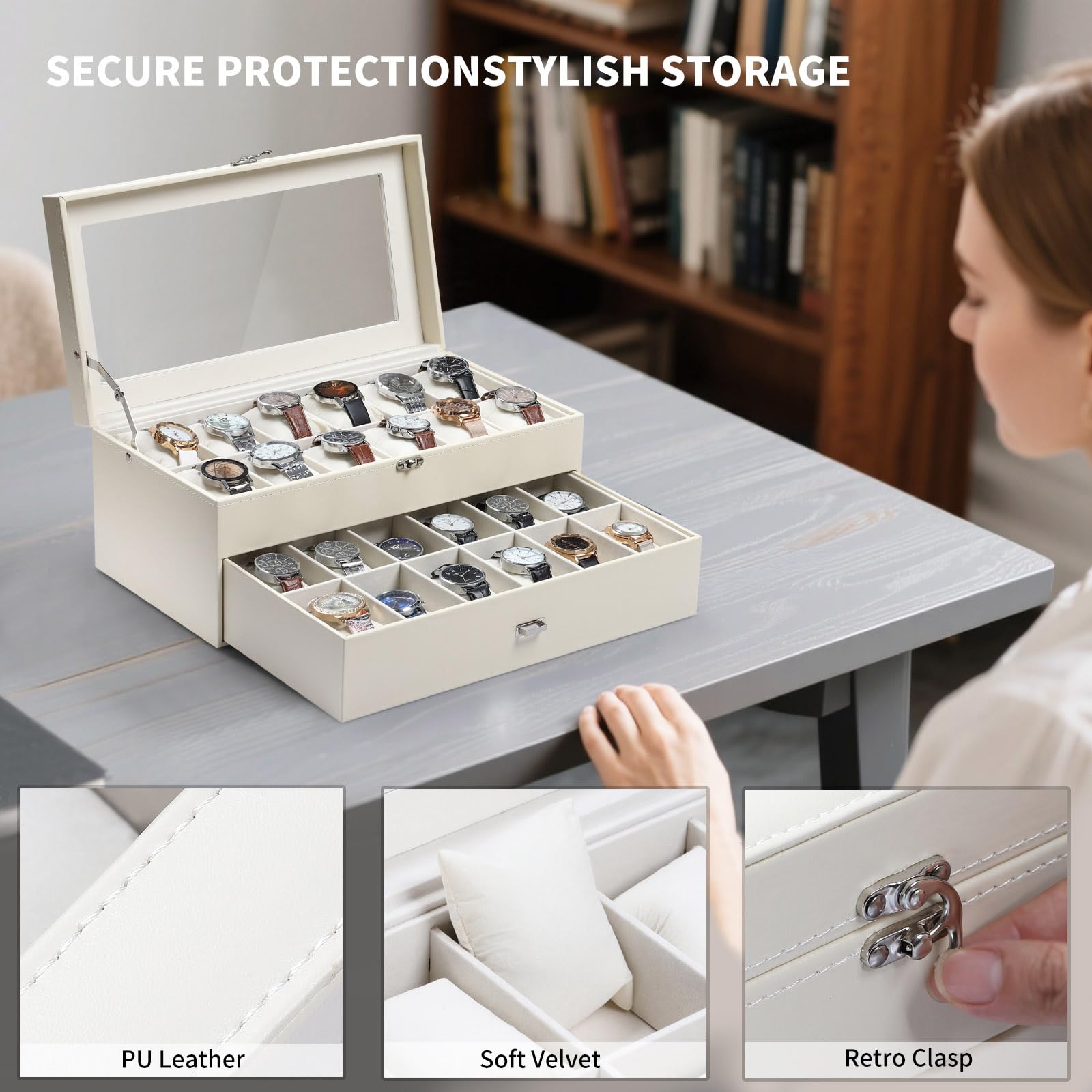 Coffret à Montres AUTOARK en Cuir et Velours, 24 pièces, Couvercle en Verre, tiroir de présentation, Organisateur verrouillable, Coussins Amovibles Beiges pour Montres, Beige, MKAW036