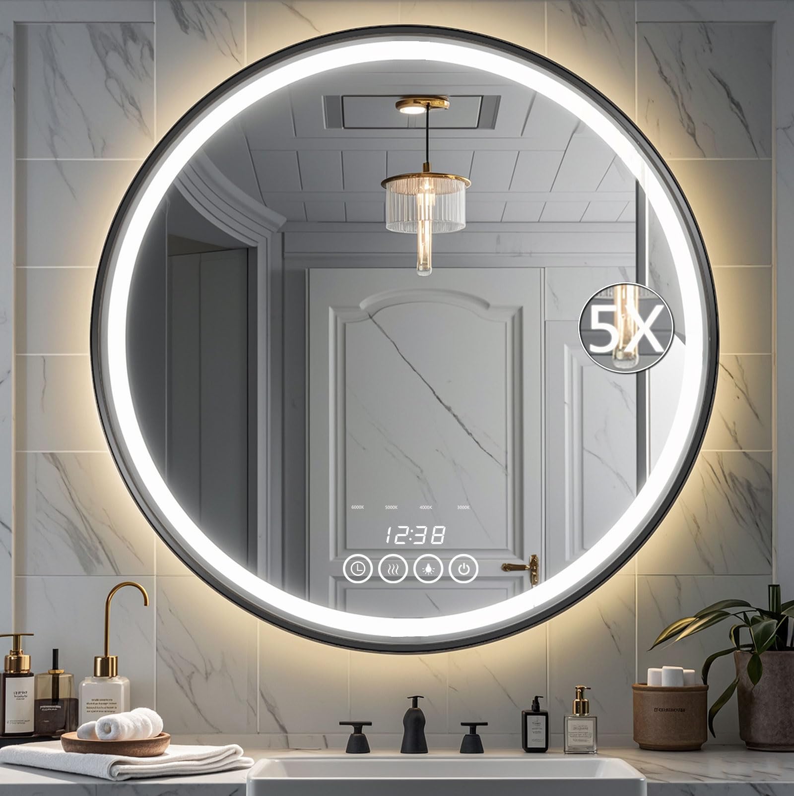 Wall-Mounted Round Bathroom Mirror with LED-Lights - 32 Inch Frame Vanity Mirrors(32" x 32", Black)