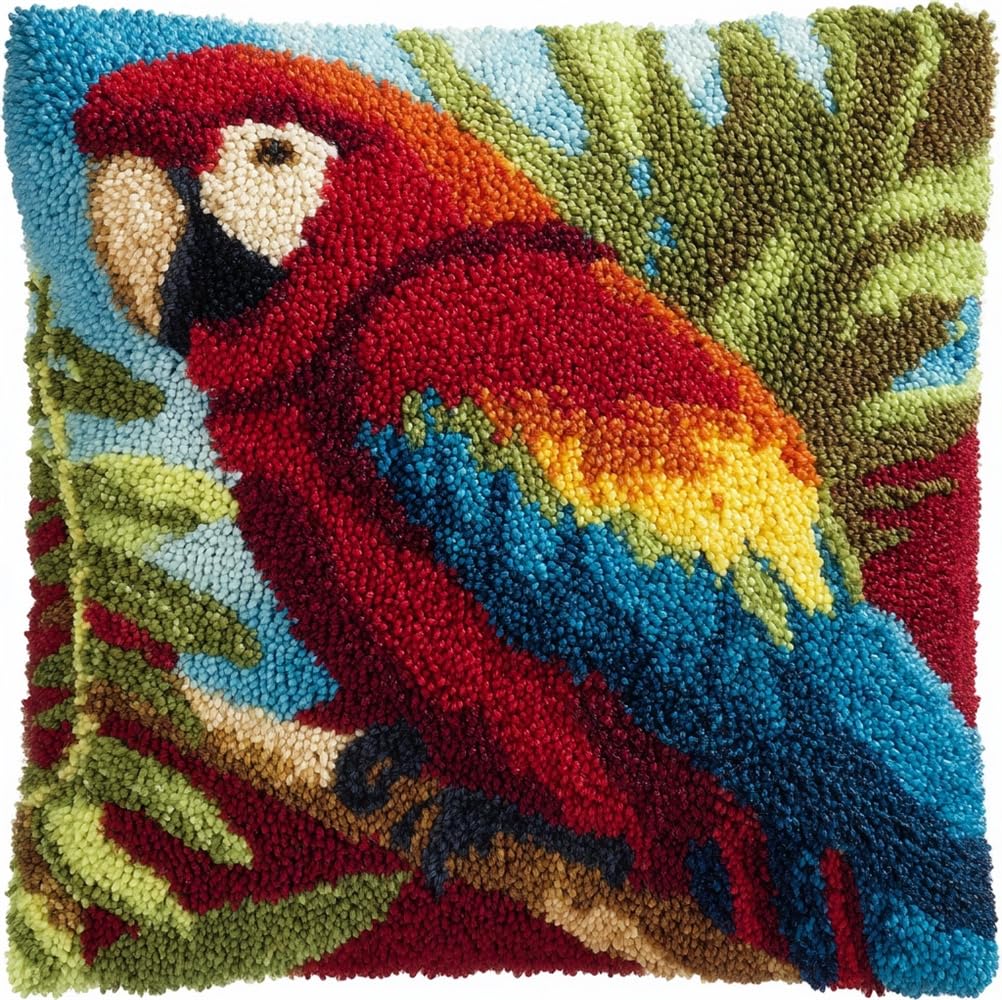 kitphoenix Latch Hook Cushion Kits for Adults 17X17Inch,Parrot Latch Hook Pillow Case Kits Embroidery Kits 43X43Cm, DIY Needlework Pillow Cover Cushion Rug Making Kit, DIY Craft Kit for Women