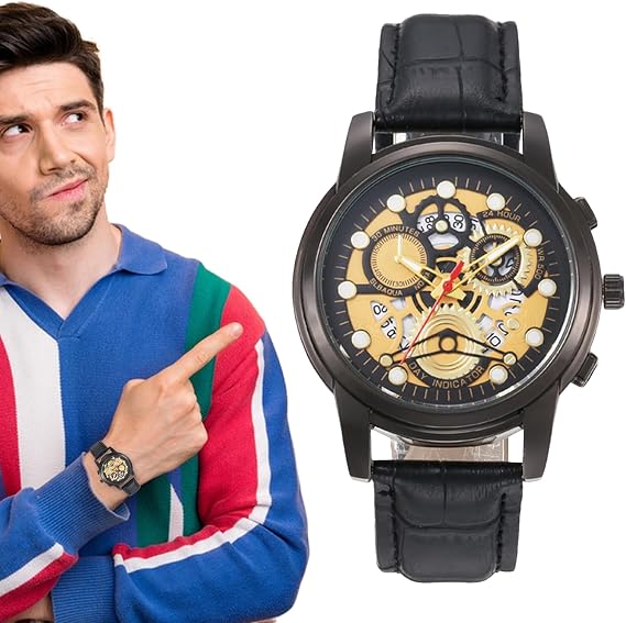 Mechanical Watches for Men - Leather Strap Mens Watches with Date | Automatic Watch Fashion Accessories Automatic Movement Date Window Leather Band 40mm Alloy Case Waterproof, black, Strap | 時計 ファッションアクセサリー ビジネス フォーマル カジュアル ドレス プレゼント ギフト おしゃれ メンズ