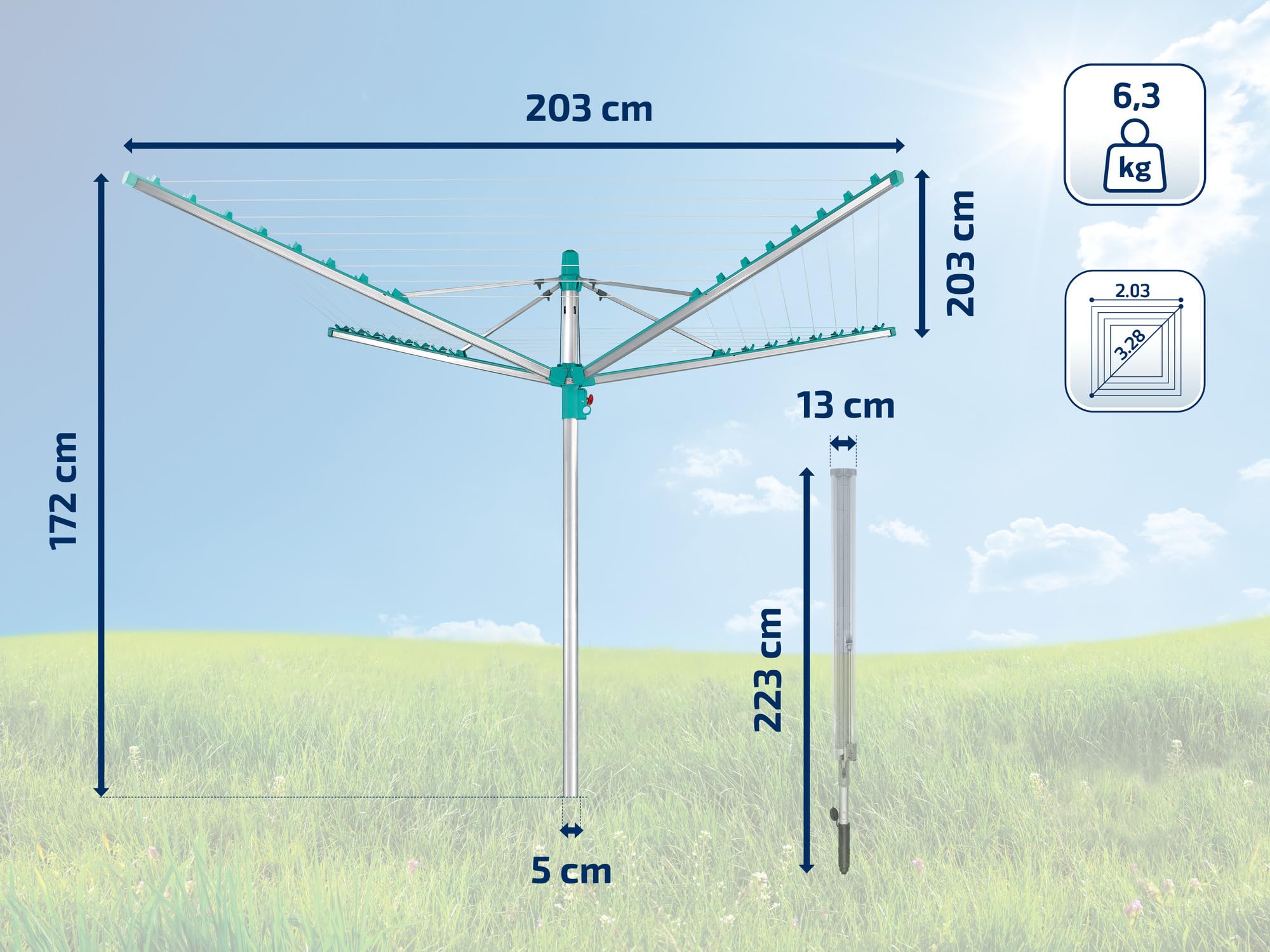 Leifheit Tendedero giratorio de jardín Linomatic 500 Easy para tender ropa, tenderete vertical con sistema Easy Lift, tendedero exterior con 50 m de cuerda | Easy-Lift, cuerdas protegidas de la suciedad, hasta 5 coladas, 1,86 m, resistente a UV e intemper
