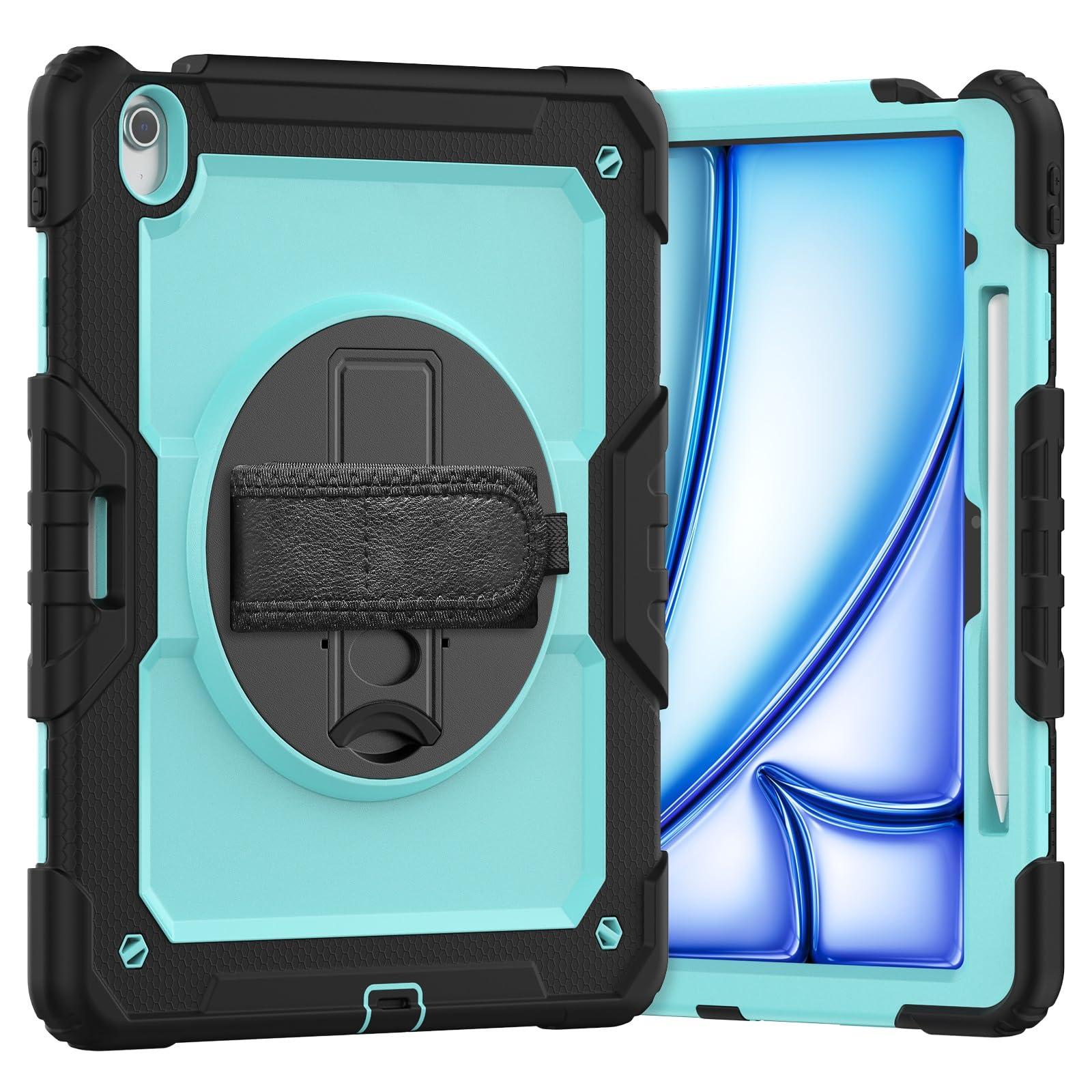 Kompatybilny z etui iPad Air 13 cali M2 2024 ochraniaczem ekranu, wytrzymały [podpórka] [pasek na ramię] Odporny wstrząsy pokrowiec obrotowym paskiem rękę 360° i ramię(Light Blue 3)