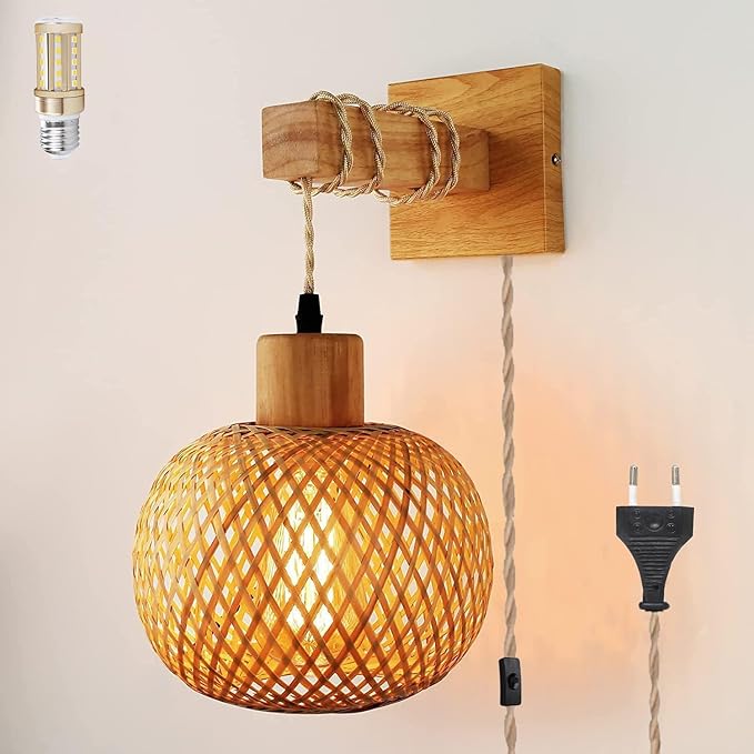 KZT Vintage Dimbare Wandlamp met Stekker, Vintage Nachtlamp Rotan Bamboe Lampenkap, Wand Leeslamp, Rustieke Touw Wandlamp, 450cm Kabel E27 voor Slaapkamer Woonkamer Hal Cafés