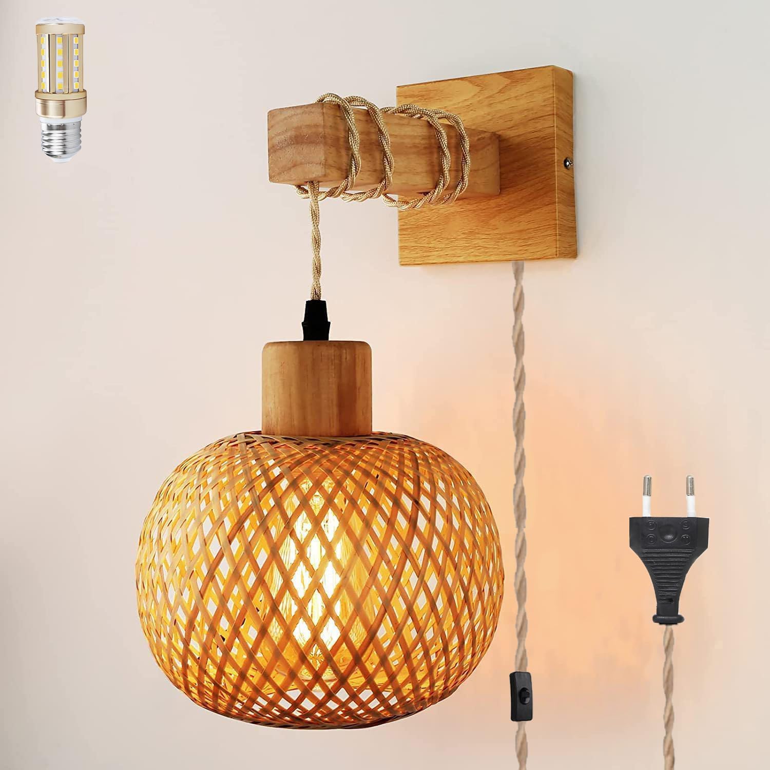 Indoor Bamboe Wandlamp, Rotan E27 Retro Wandlamp, Trap Wandlamp Handgemaakte Interieurdecoratie Bamboe Lamp Mand Lampenkap Nachtkastje Lamp