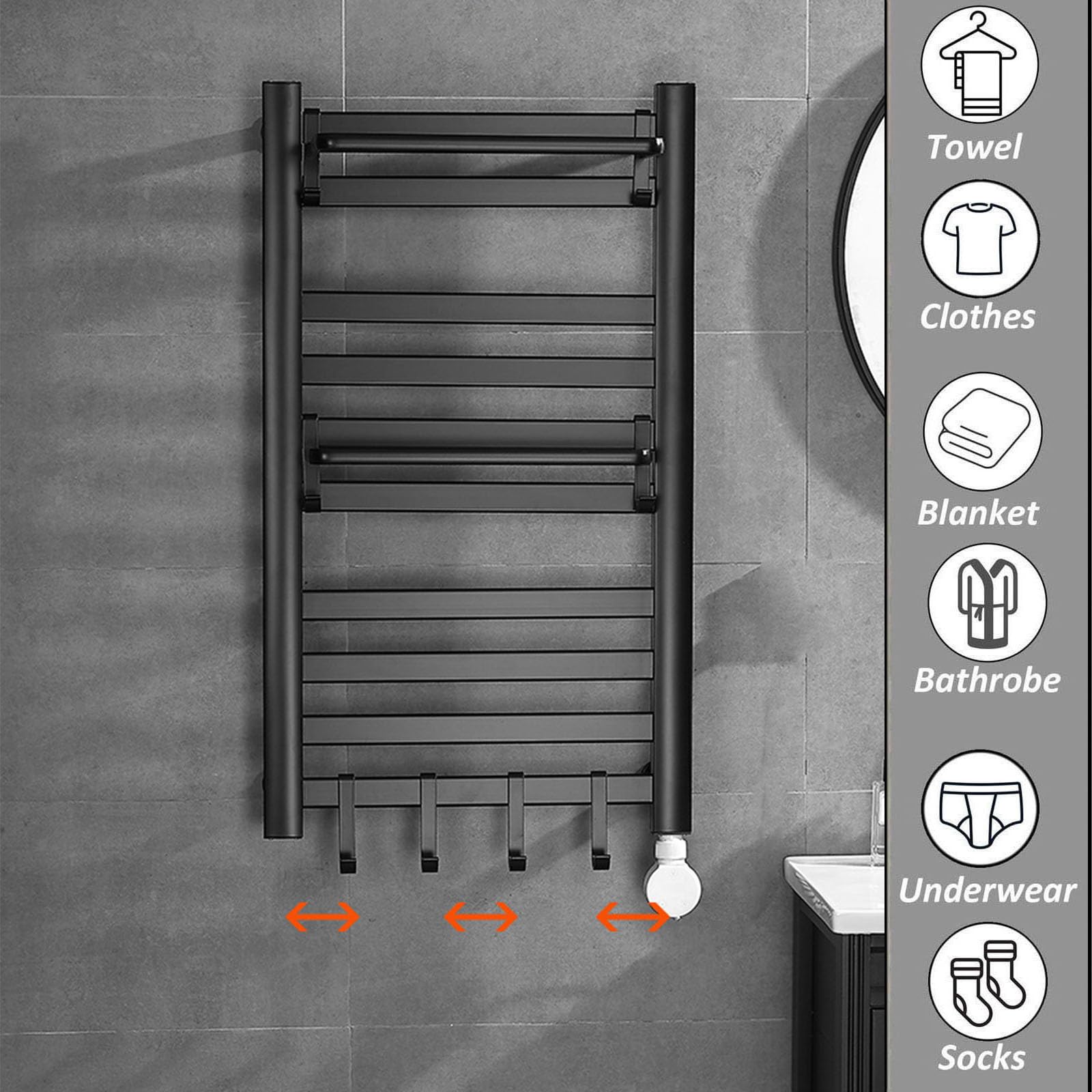 Montowany na ścianie podgrzewany wieszak na ręczniki z timerem, czarny aluminiowy stojak do suszenia z górną półką, do kontroli temperatury w łazience i wydajnego suszenia