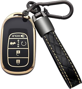 for Honda Key Fob Cover 5 Button Soft TPU with Leather Keychain 360 Degree Protection Key Case Shell Holder Fits for 2022 2023 2024 Honda Accord Civic HR-V CR-V Pilot Odyssey, A Black
