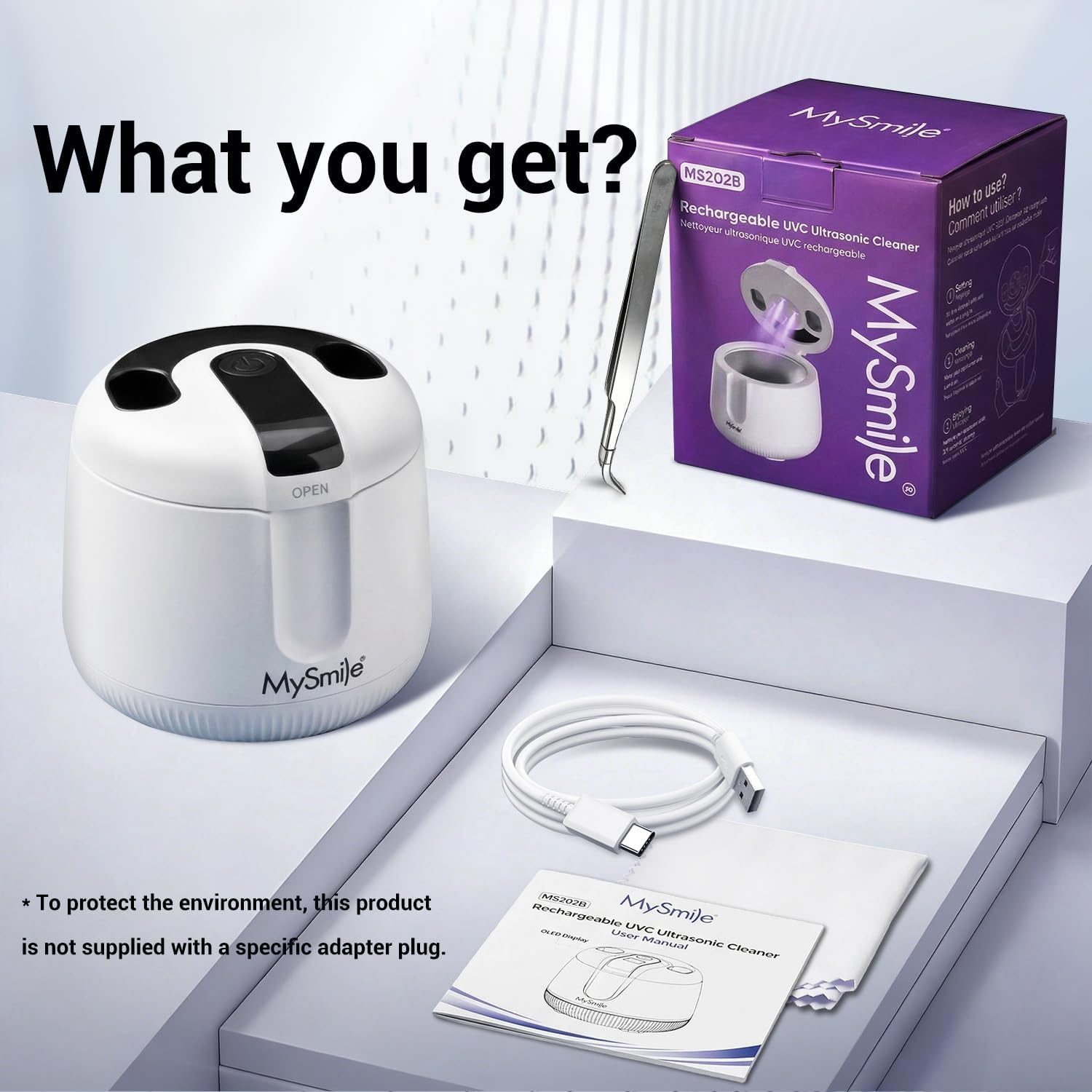 Contents of the MySmile MS202B package, including the cleaner unit, USB-C cable, tweezers, and cleaning cloth.