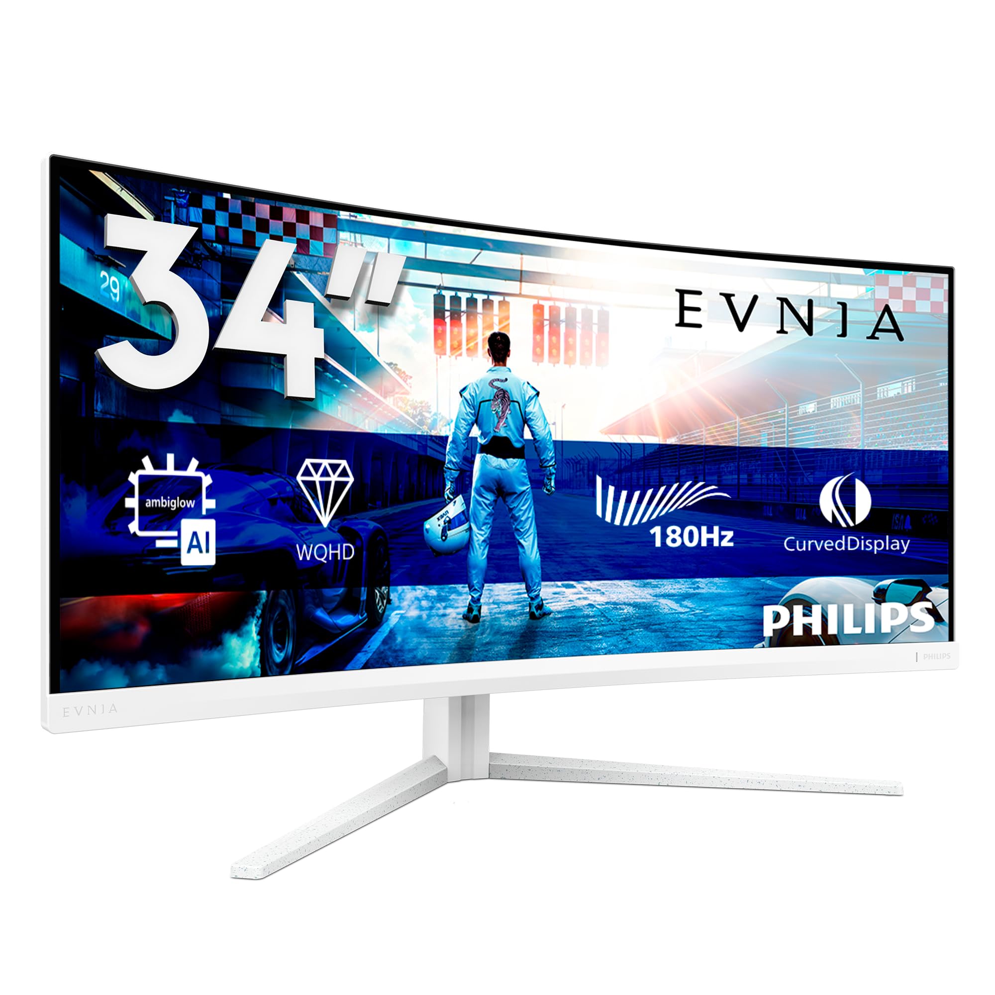 Philips Evnia 34M2C5501A - 34 inch WQHD Curved Gaming Monitor, 180 Hz, 1 ms, FreeSync Premium, Ambiglow (3440x1440, 2x HDMI 2.0, 1x DisplayPort 1.4, USB Hub) white