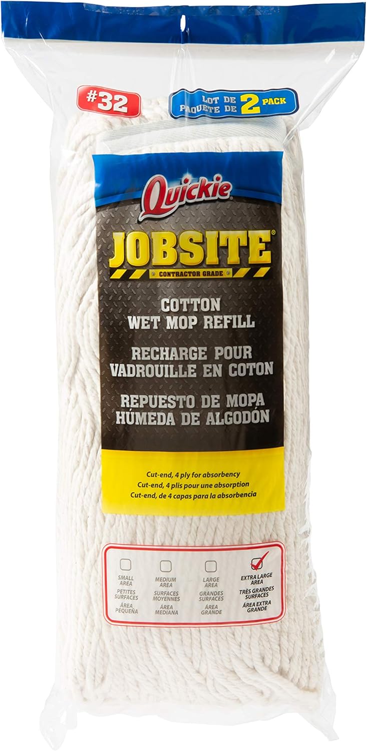 Quickie Traditional Wet Mop Head Replacement, 32-Ounce, 2-Pack, White, Heavy Duty Cotton Mop for Floor Cleaning : Health & Household