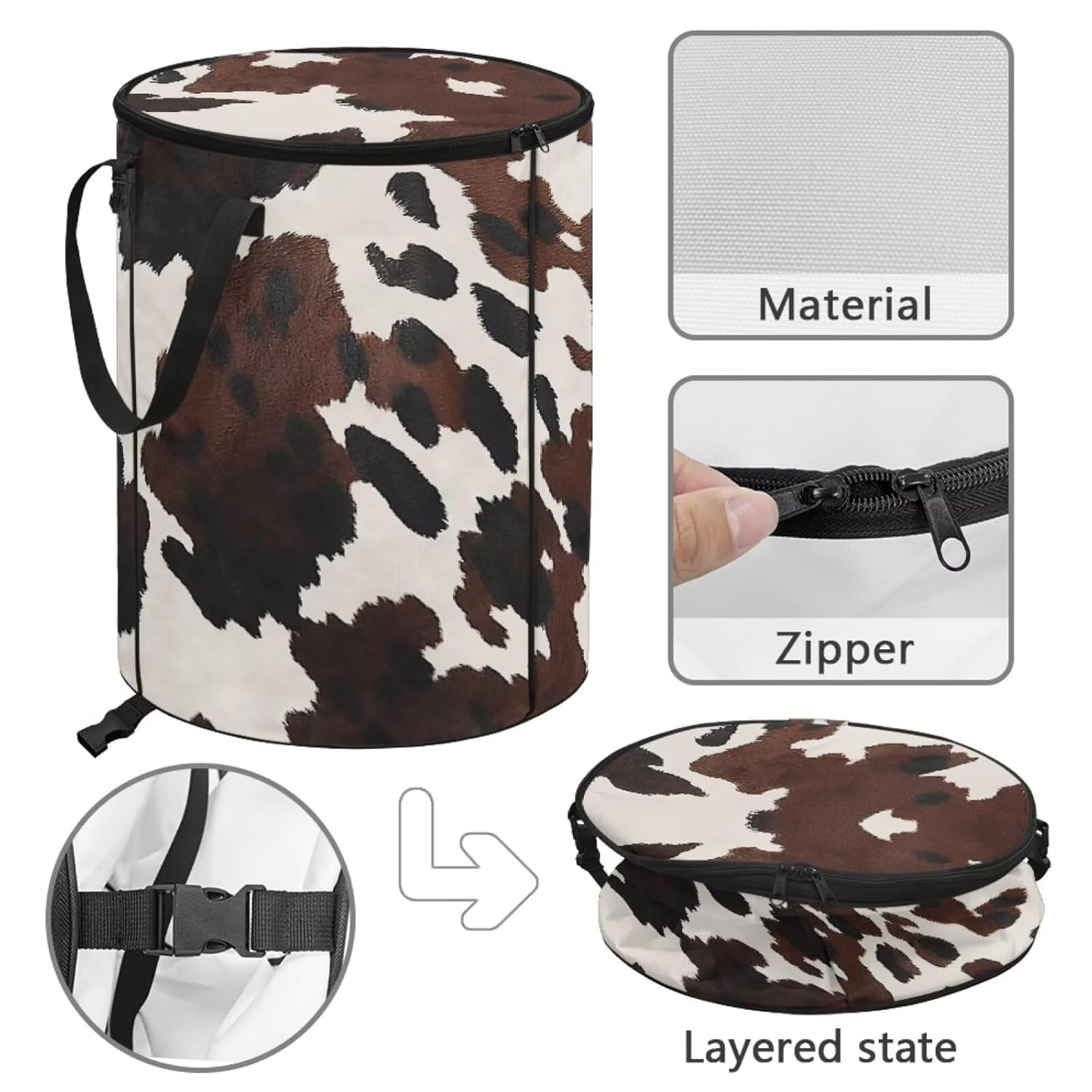 Cozeyat Cow Print Space Saving Collapsible Waste Bin Outdoor Trash Can with Zipper Closure for Camping Gardening Lawn Care Weed Collection Toy Storage