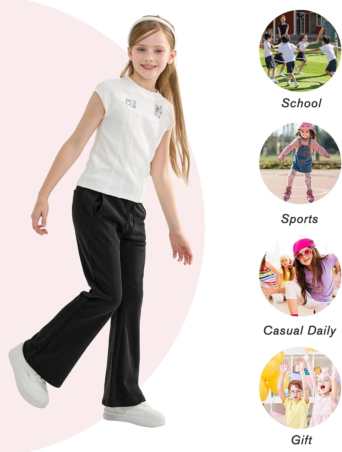 Rolanko Girls Flare Wide Leg Sweatpants Elastic Waist Bell Bottoms Pants for Kids Sweats with Pockets 5-12Y