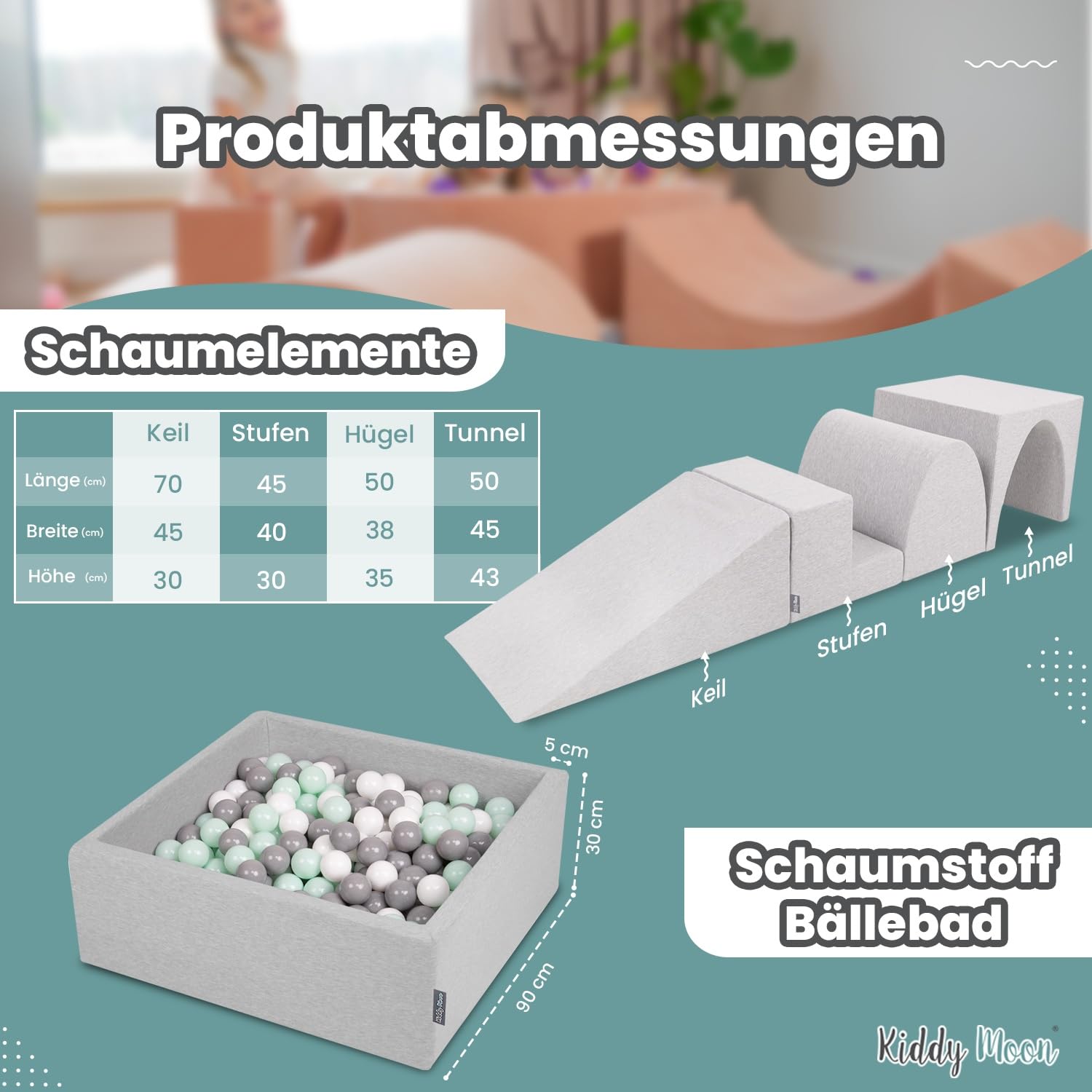 KiddyMoon Spielplatz Aus Schaumstoff Mit Quadrat Bällebad (300 Bälle) Ballgruben Für Babys Spielbad Hindernisläufen, Hergestellt In Der EU, Hellgrau:Gelb/Grün/Blau/Rot/Orange