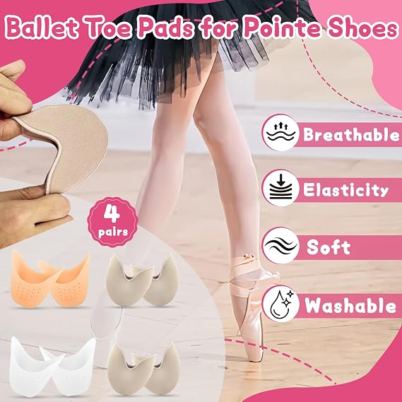 4-Pair Toe Pads for Pointe Shoes, Cotton & Silicone Set | 2 Cotton Pads + 2 Silicone Pads. Reduces Friction & Pressure on Toes. Air Vents Keep Feet Dry. Fits Ballet, Heels & Boots