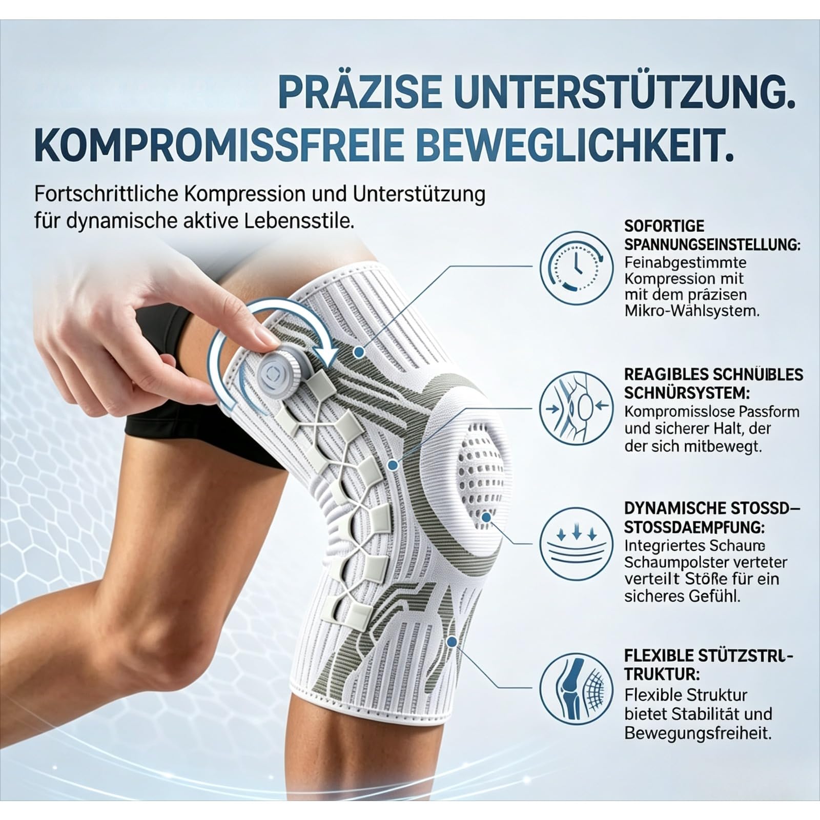 Gymfitting Knauf-Kniebandage Zur Schmerzlinderung, Verstellbar Mit Drehknopf Für Sport Und Alltag (Weiß-rechts,L)