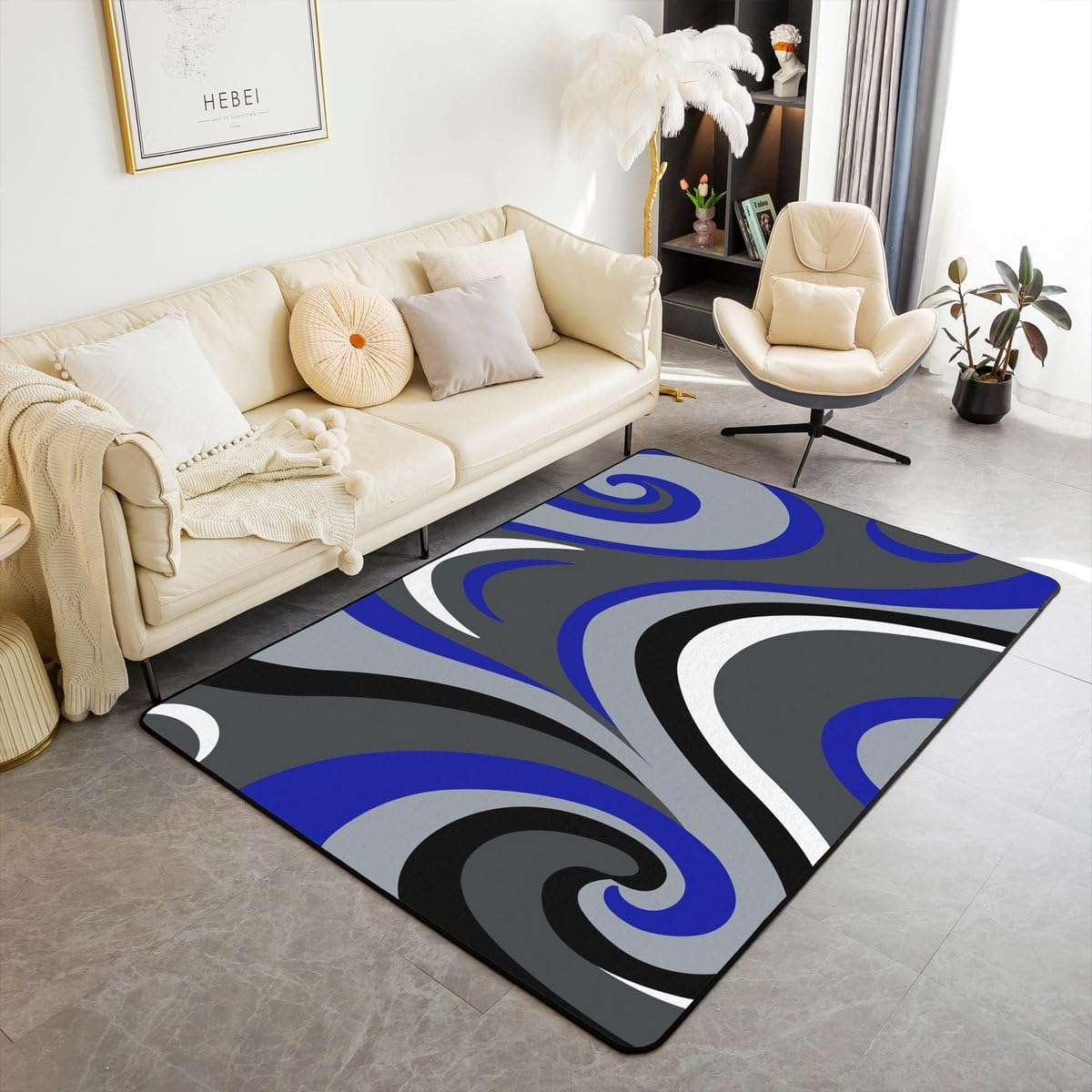 Erosebridal Navy Blue Spiral Area Rug 3x5 Modern Abstract Geometric Rug for Bedroom Living Room Black White Gray Swirls Stripes Carpet Decor Contemporary Aesthetic Art Indoor Floor Mat Non Slip