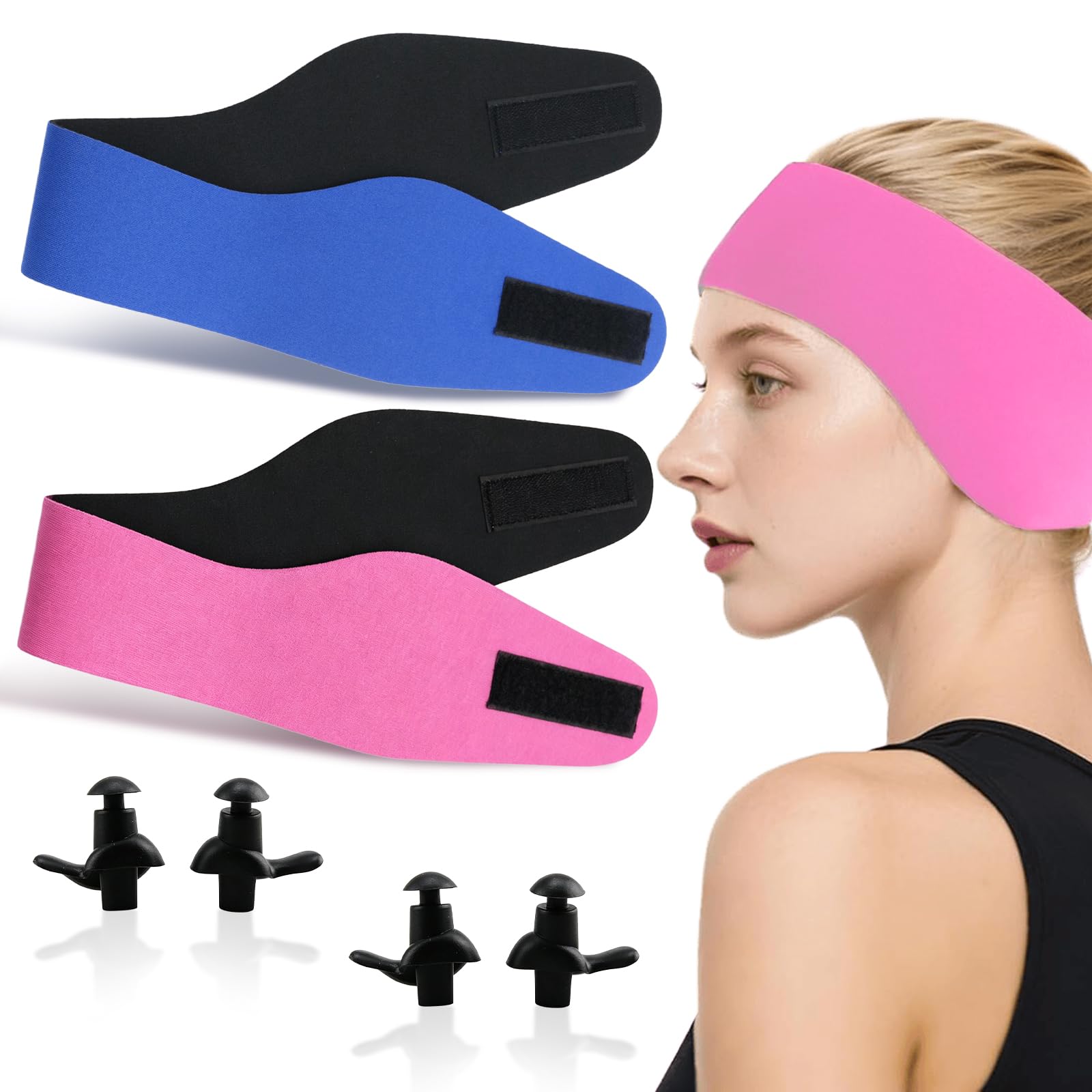2 Pack Swimming Headband for Adults Kids with 2pcs Ear Plugs Swimming